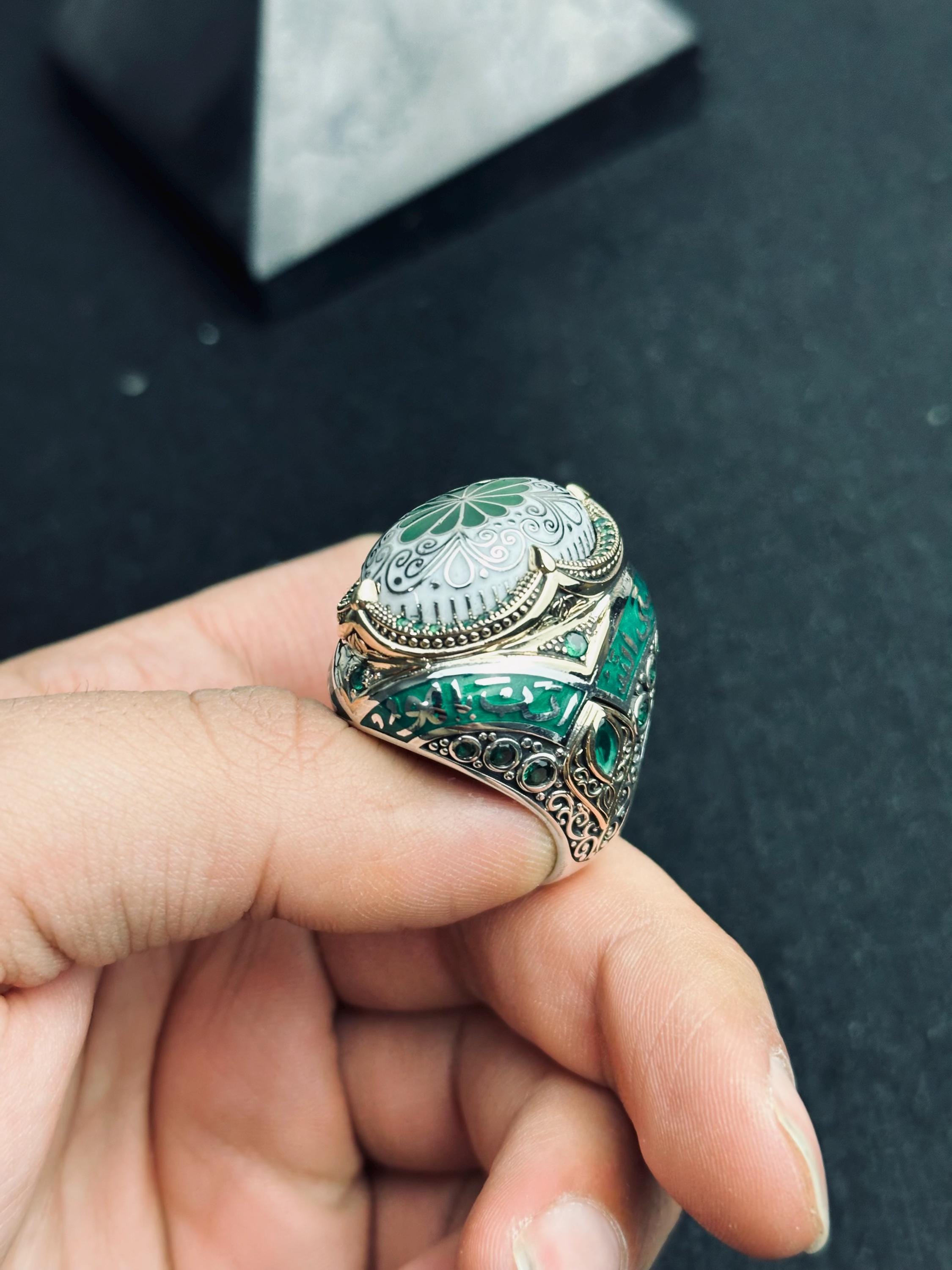 Green Enamel Islamic Ring, 925 Sterling Silver Ottoman Men's Ring