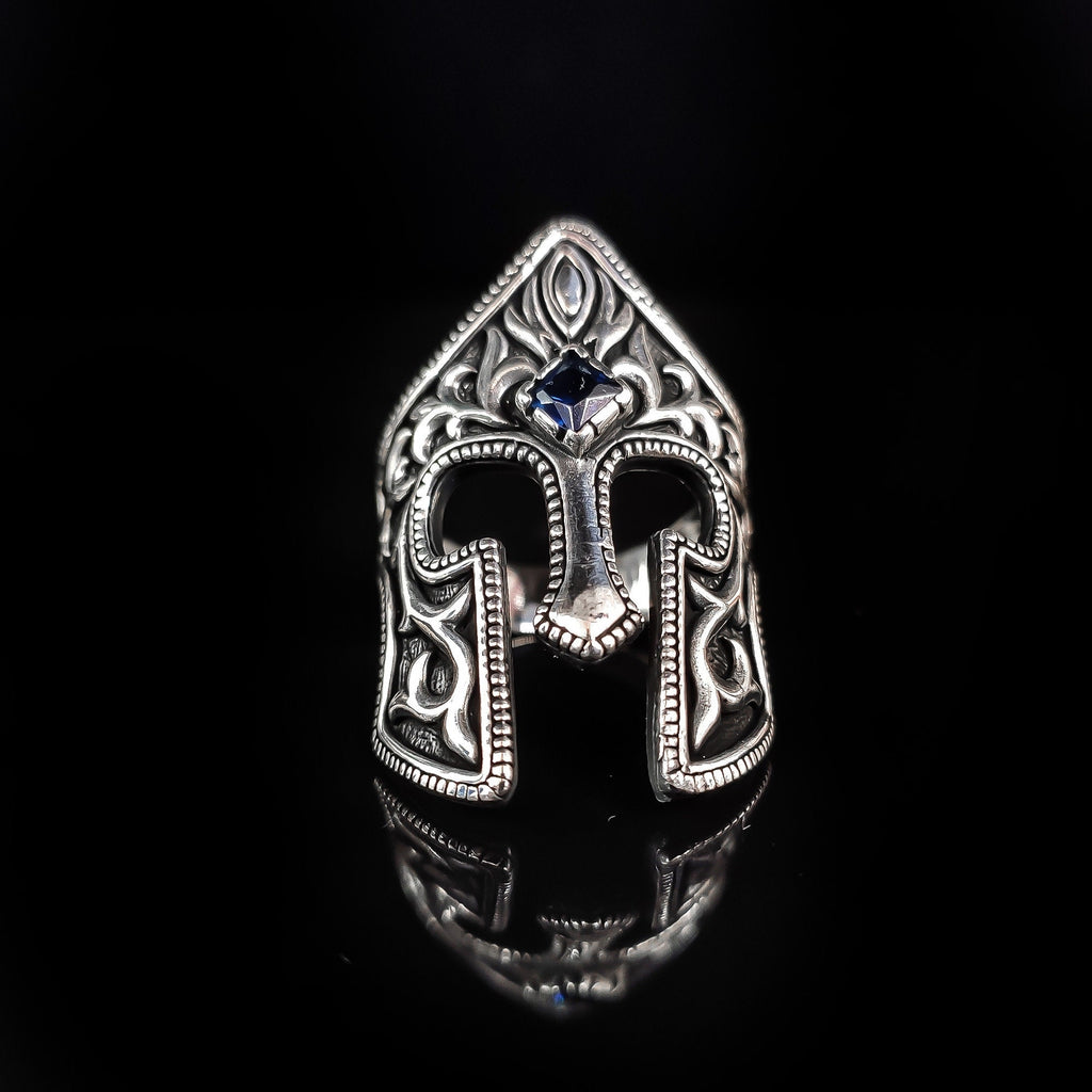 Spartan Helm Ring: Sterling Silver, Emerald Accent - Handmade