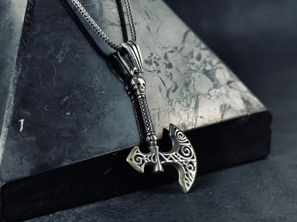 Silver Axe & Skull Necklace: Edgy Gothic Pendant