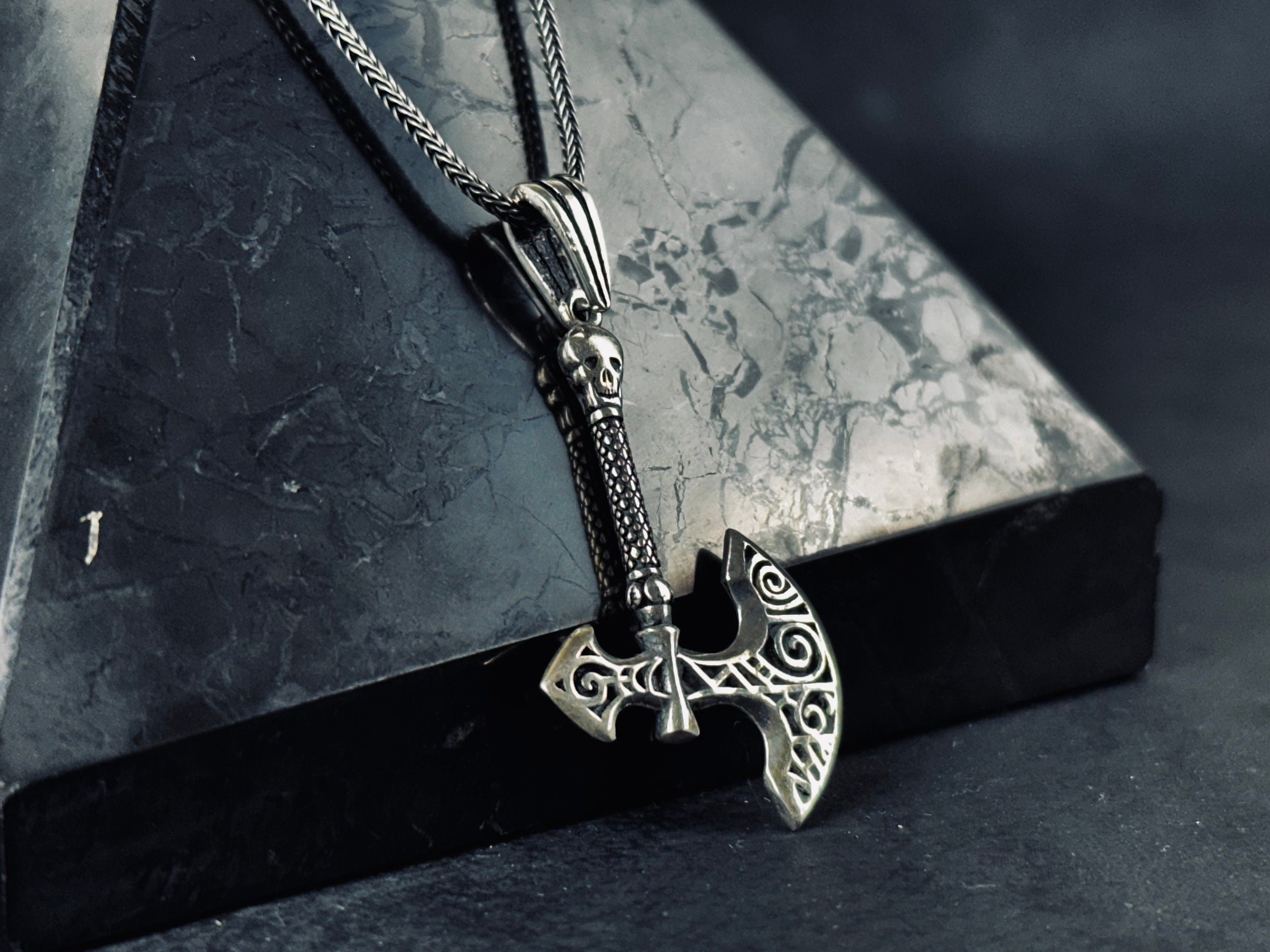 Silver Axe & Skull Necklace: Edgy Gothic Pendant
