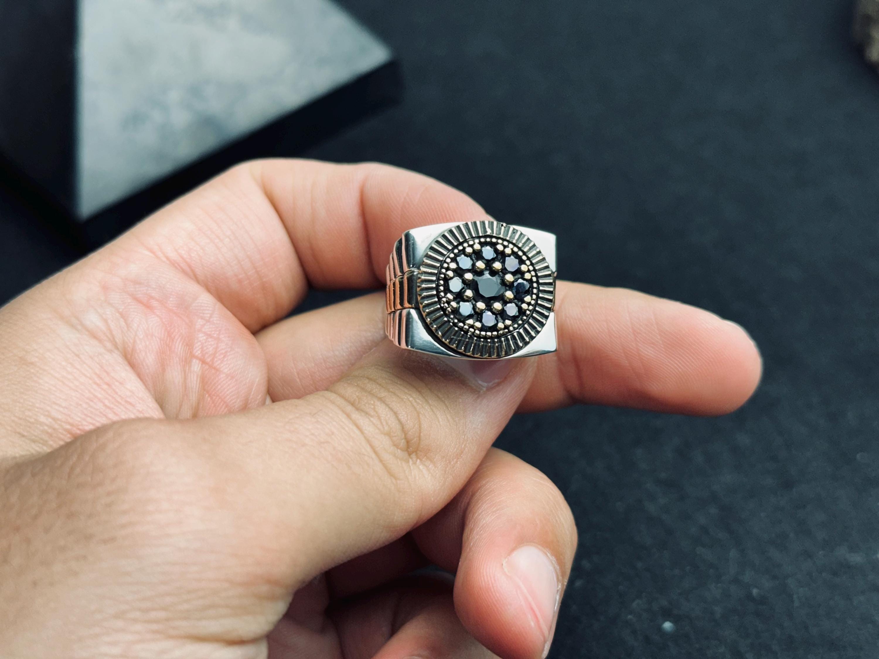 Geometric Men's Silver Ring - Stone Cluster Statement Design