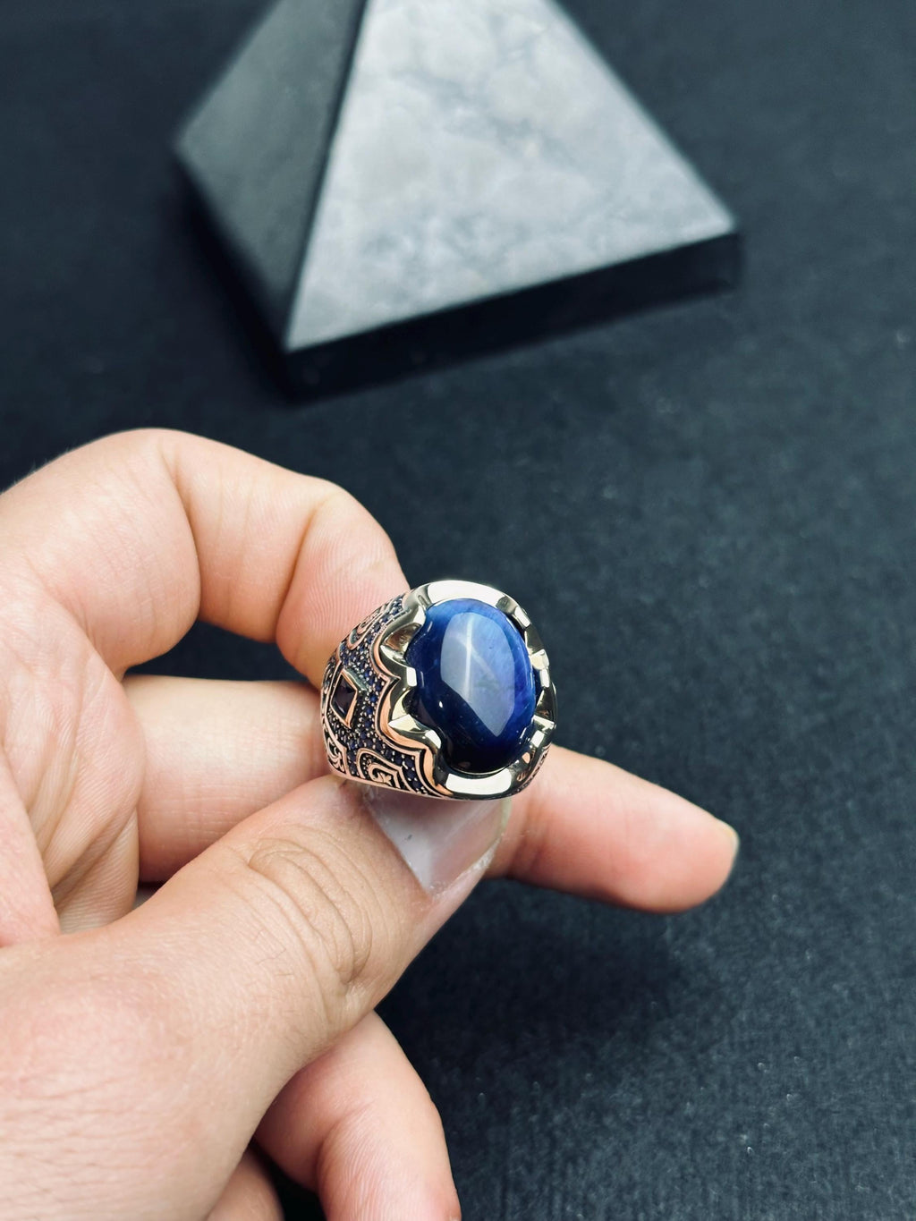 Men's Sapphire Ring: Oxidized Silver - Handmade Statement Jewelry