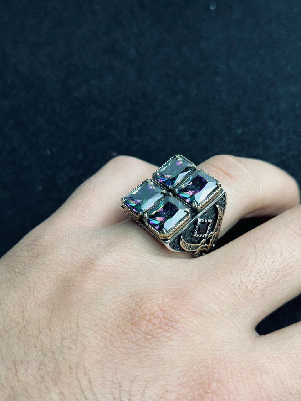 Mystic Topaz Ring: Handmade Turkish Silver (4 Stone Square)
