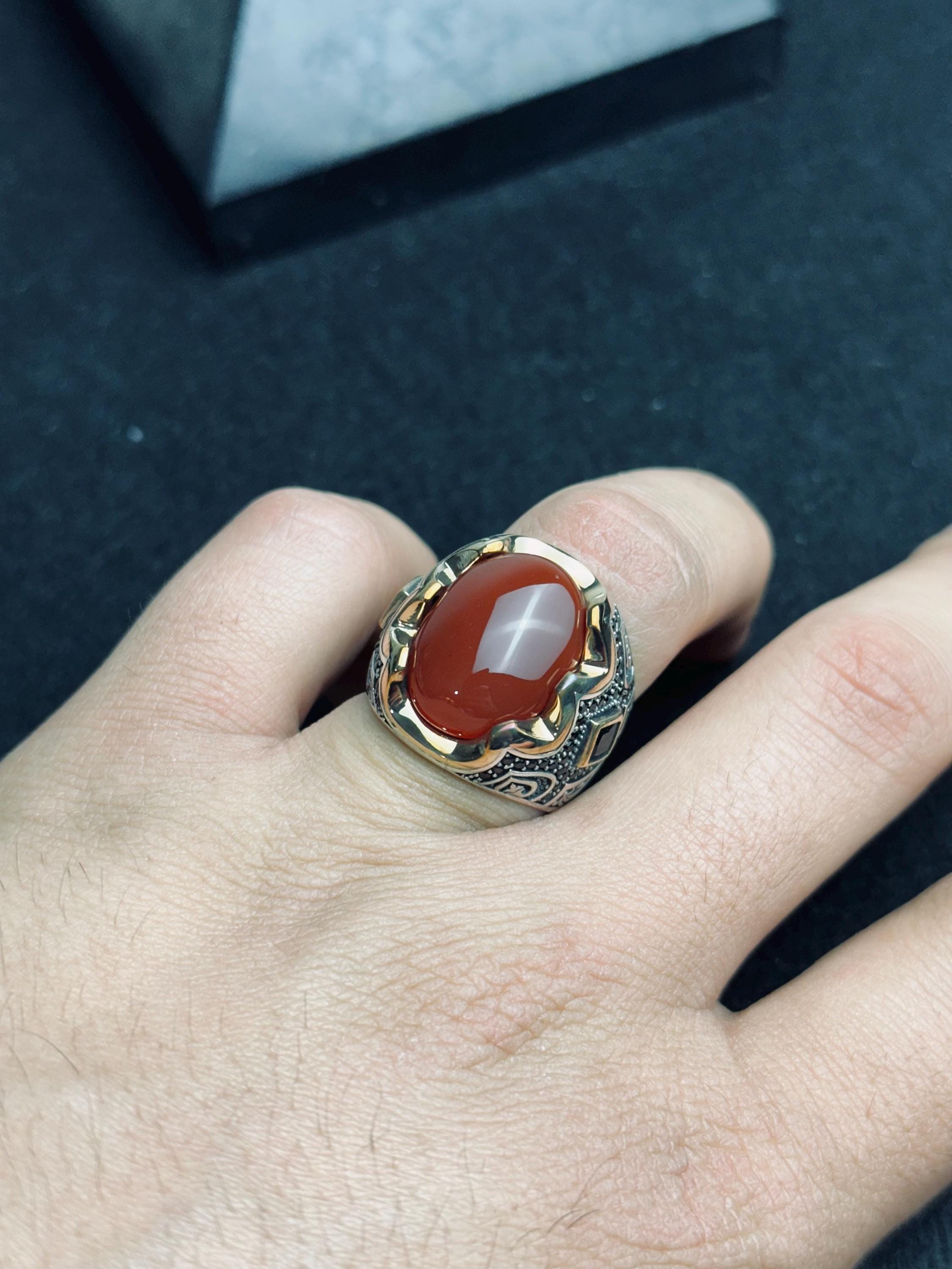 Red Yemeni Aqeeq Ring: Oval Agate Stone, Sterling Silver