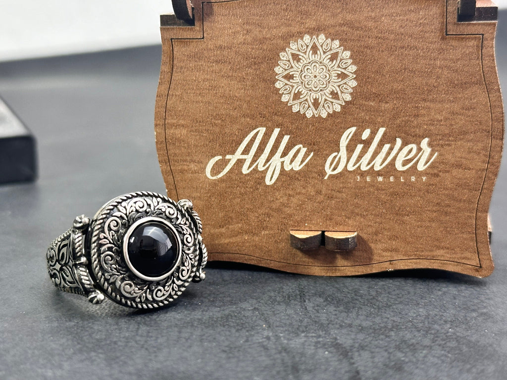 Greek Motif Onyx Ring - Sterling Silver Men's Jewelry