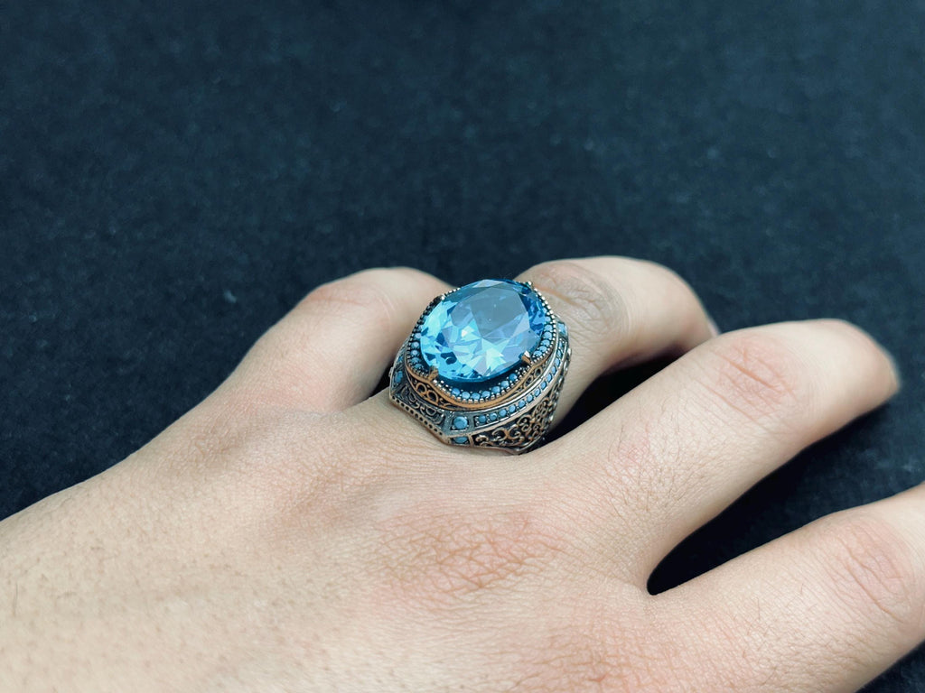 Oval Aquamarine Ring for Men - Bold Vintage Sterling Silver