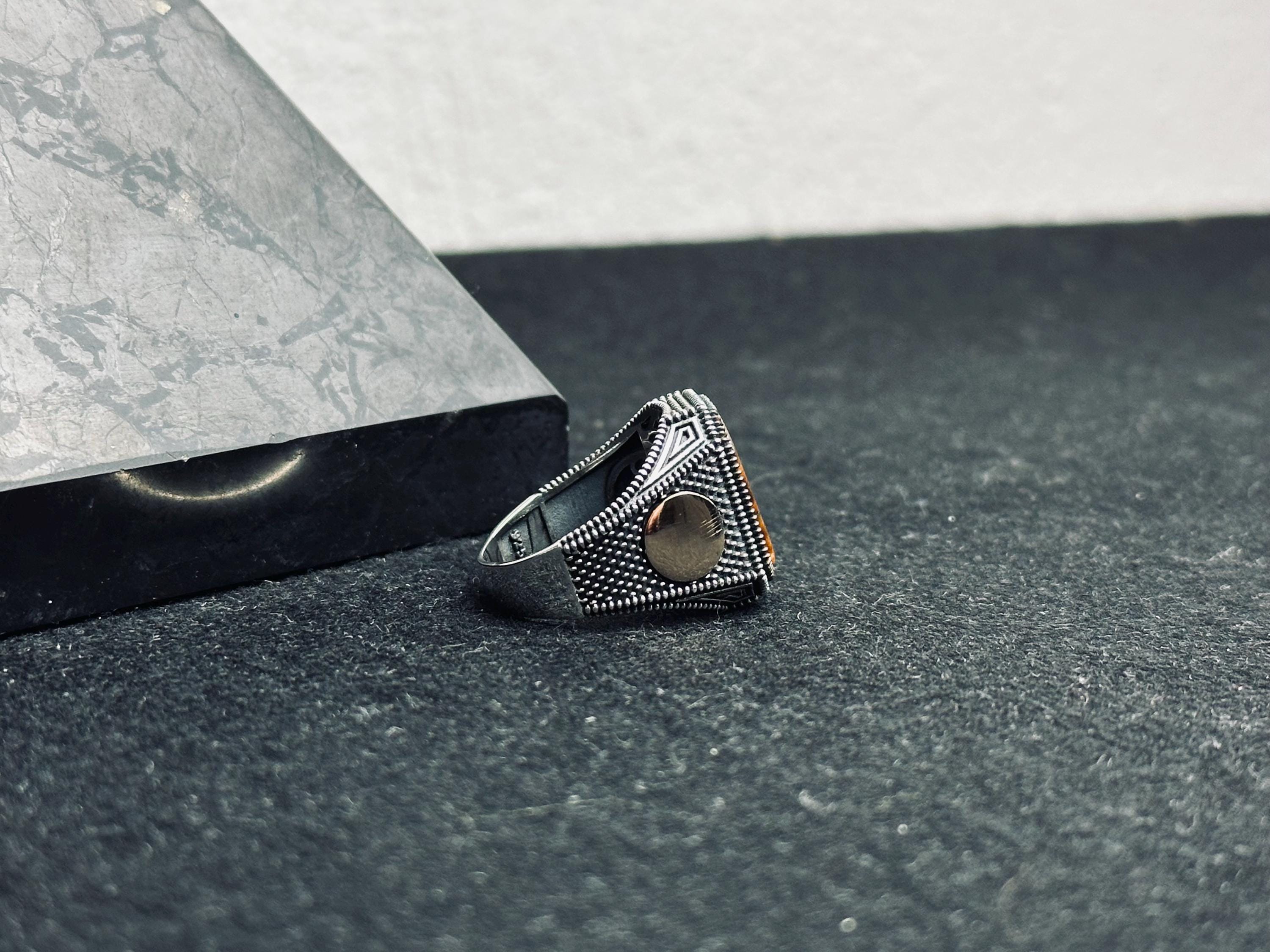 Men's Tiger's Eye Ring, Sterling Silver Square (Handmade Vintage Style)
