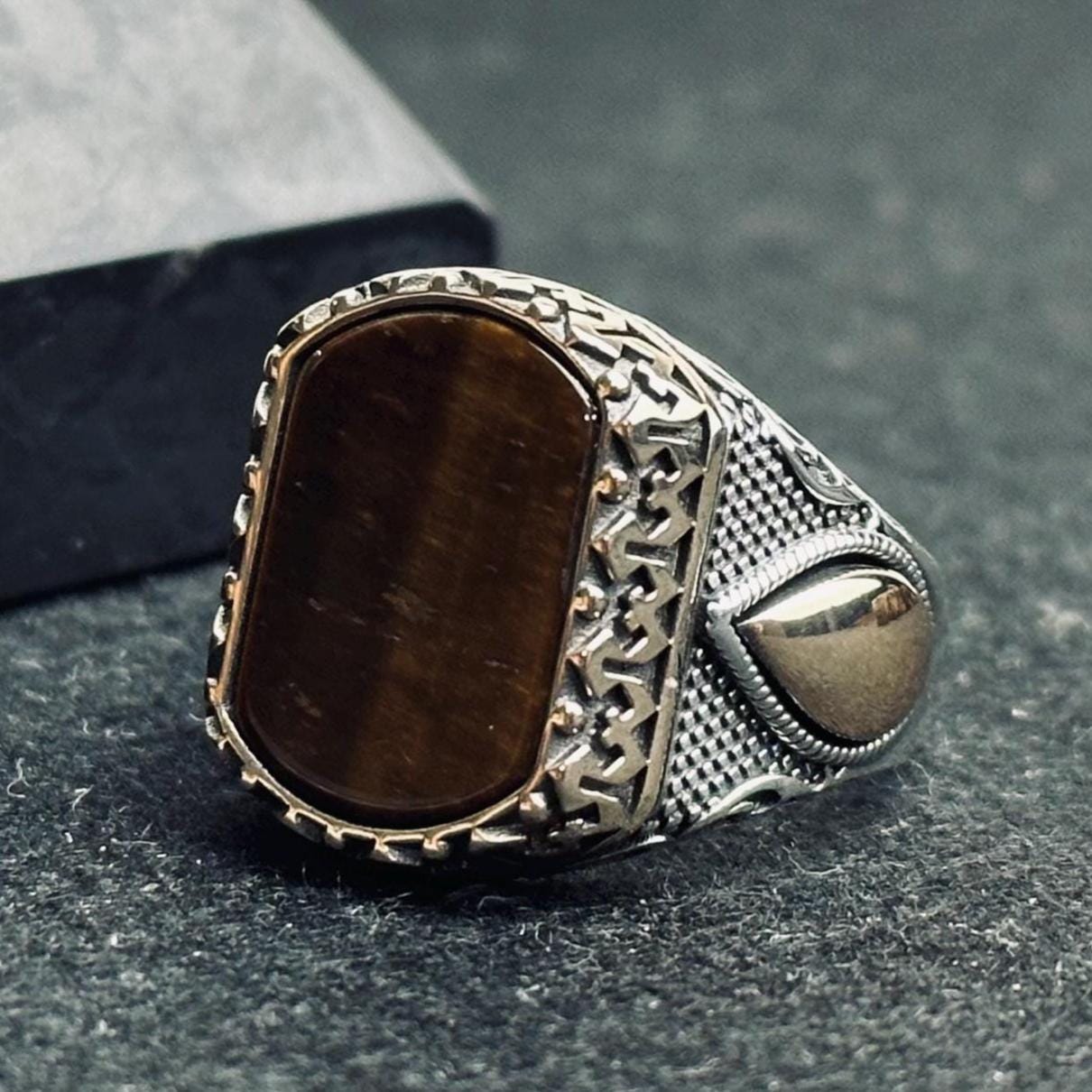 Turkish Sterling Silver Ring, Tiger's Eye Gemstone (Men's Ottoman Style)