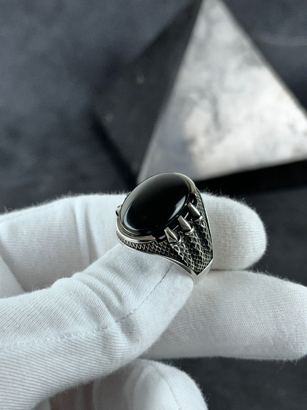 Onyx Gemstone Silver Ring, Artisan Claw Set (Men's Statement)