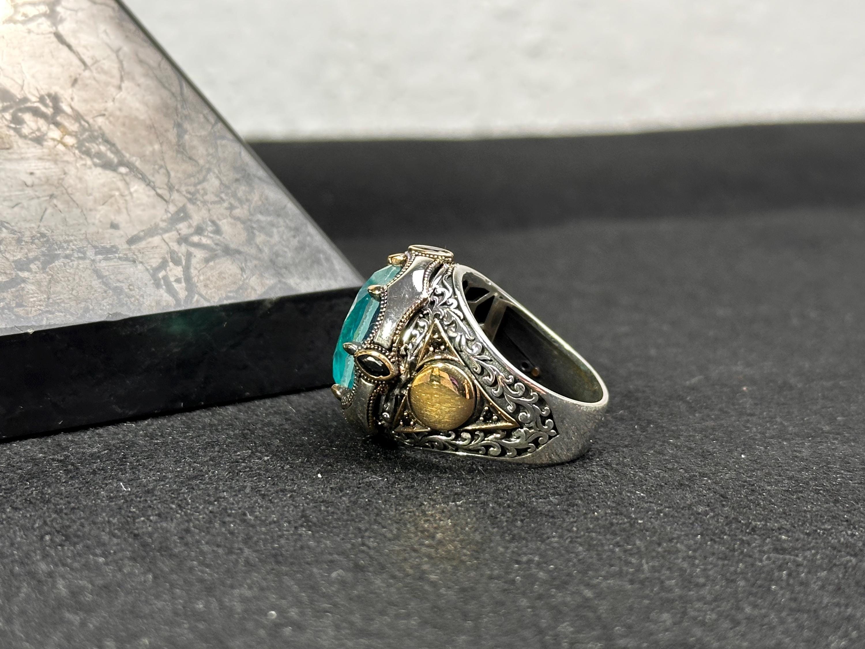 Sterling Silver Seal of Solomon Ring: Paraiba Tourmaline Gemstone