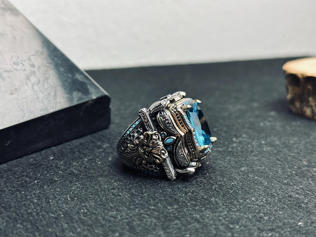 Men's Statement Ring: Large Aquamarine Square Gem - Sterling Silver