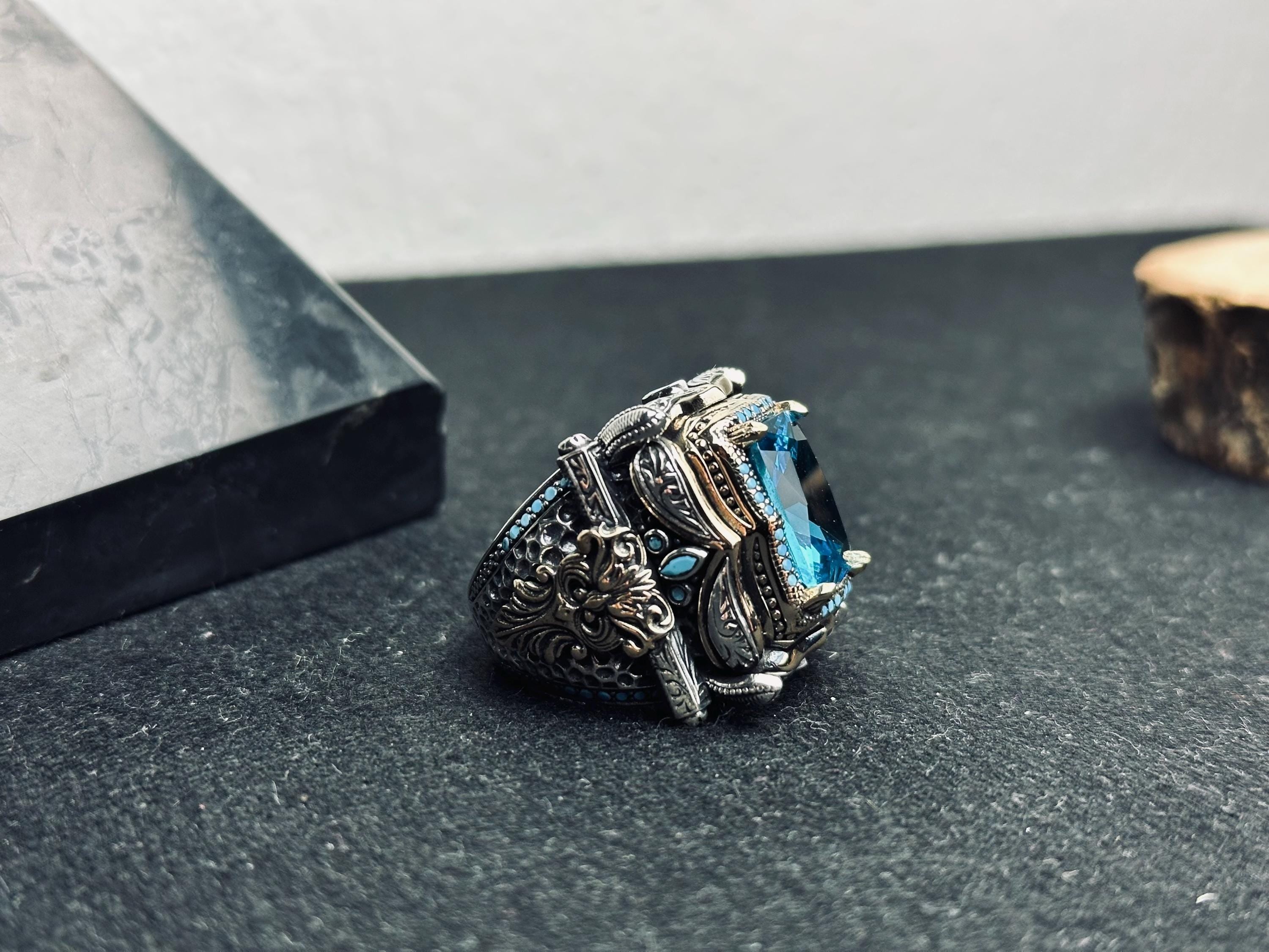 Men's Statement Ring: Large Aquamarine Square Gem - Sterling Silver