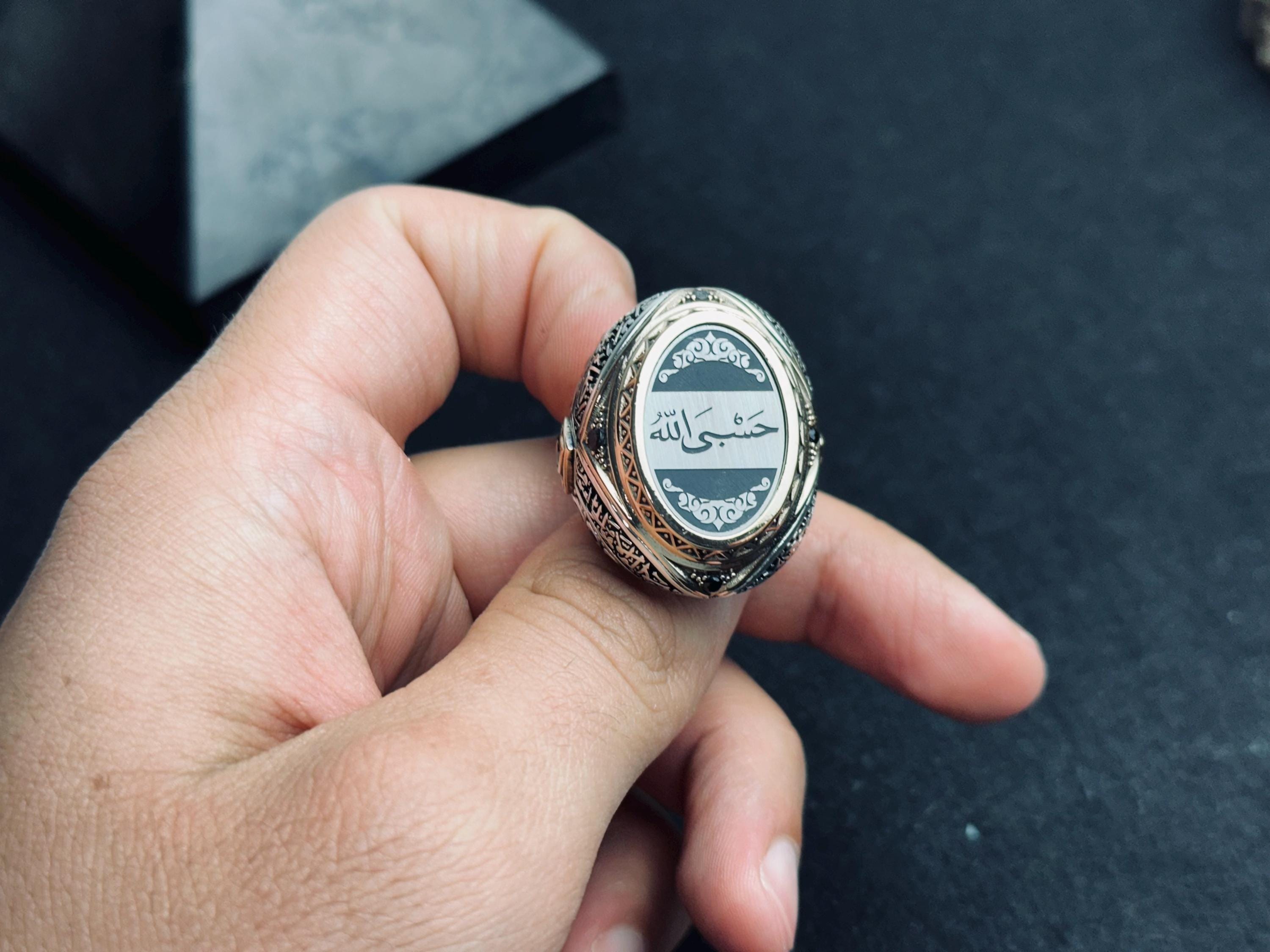 Men's Sterling Silver Ring: Arabic Engraving - Handmade Faith Design