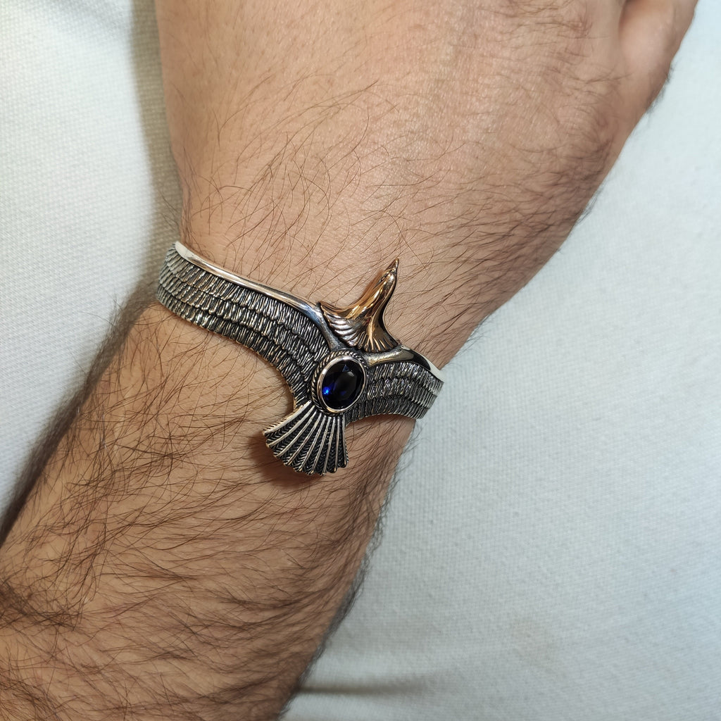 Sterling Silver Eagle Bracelet: Sapphire Stone, Handmade Men's Jewelry