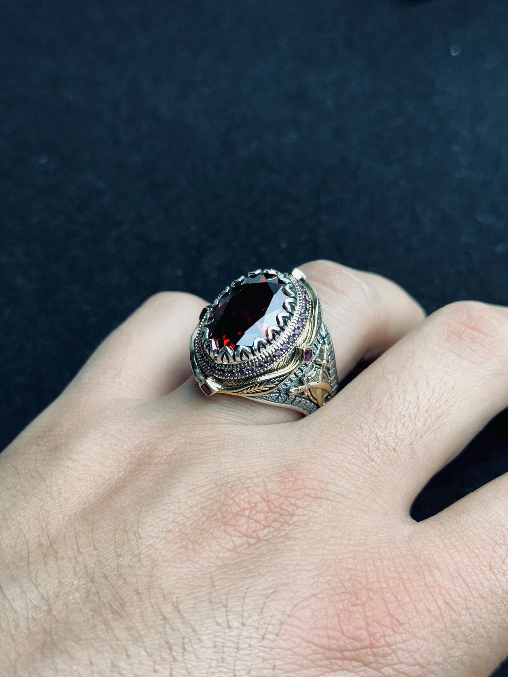 Ottoman Style Ruby Ring - Handmade Turkish Sterling Silver