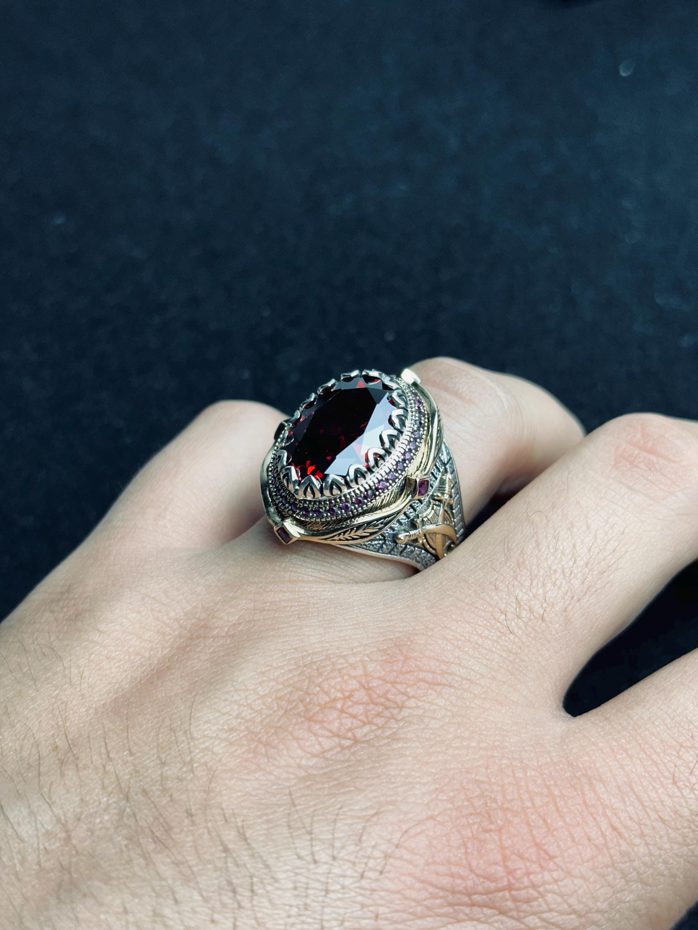 Ottoman Style Ruby Ring - Handmade Turkish Sterling Silver