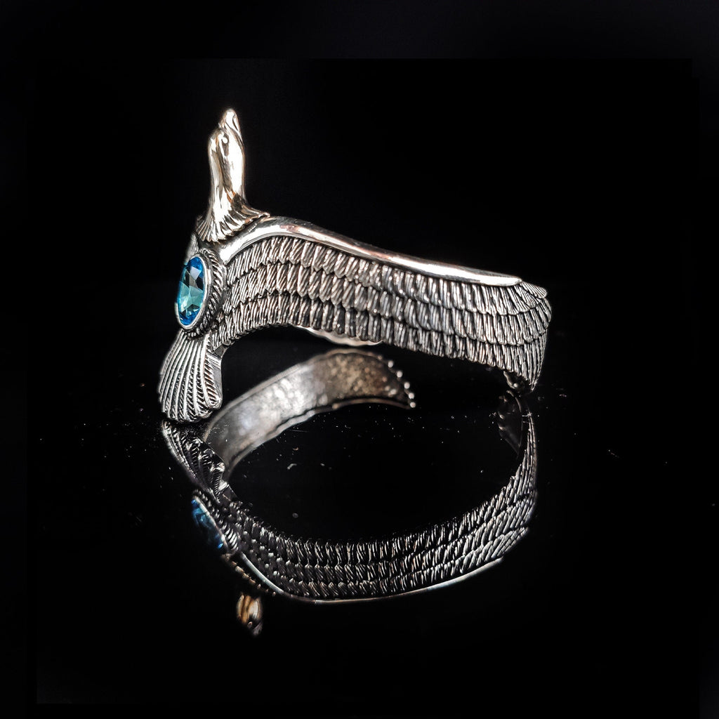 Silver Eagle Bracelet: Handmade Cuff with Aquamarine (Men's Jewelry)