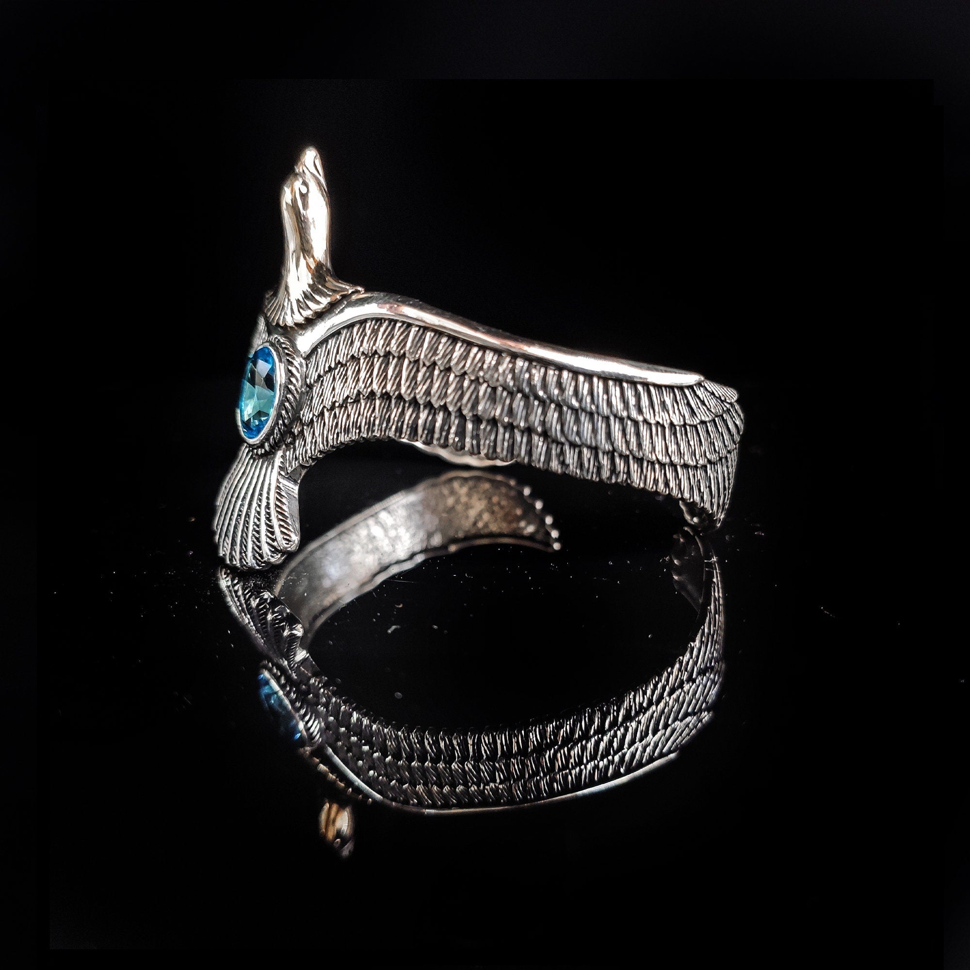 Silver Eagle Bracelet: Handmade Cuff with Aquamarine (Men's Jewelry)