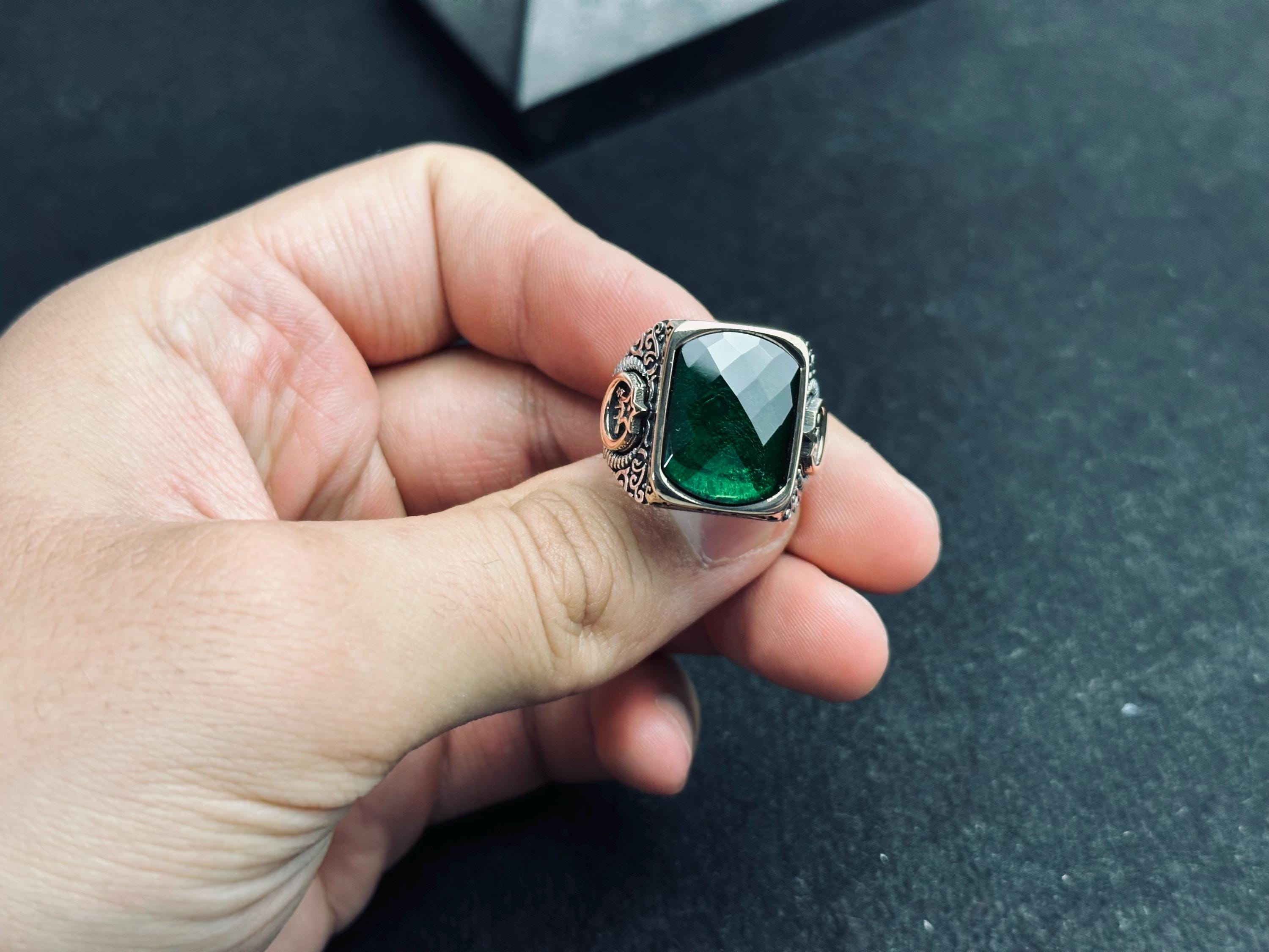 Colombian Emerald Ring for Men: Square Cut, Moon & Star Design