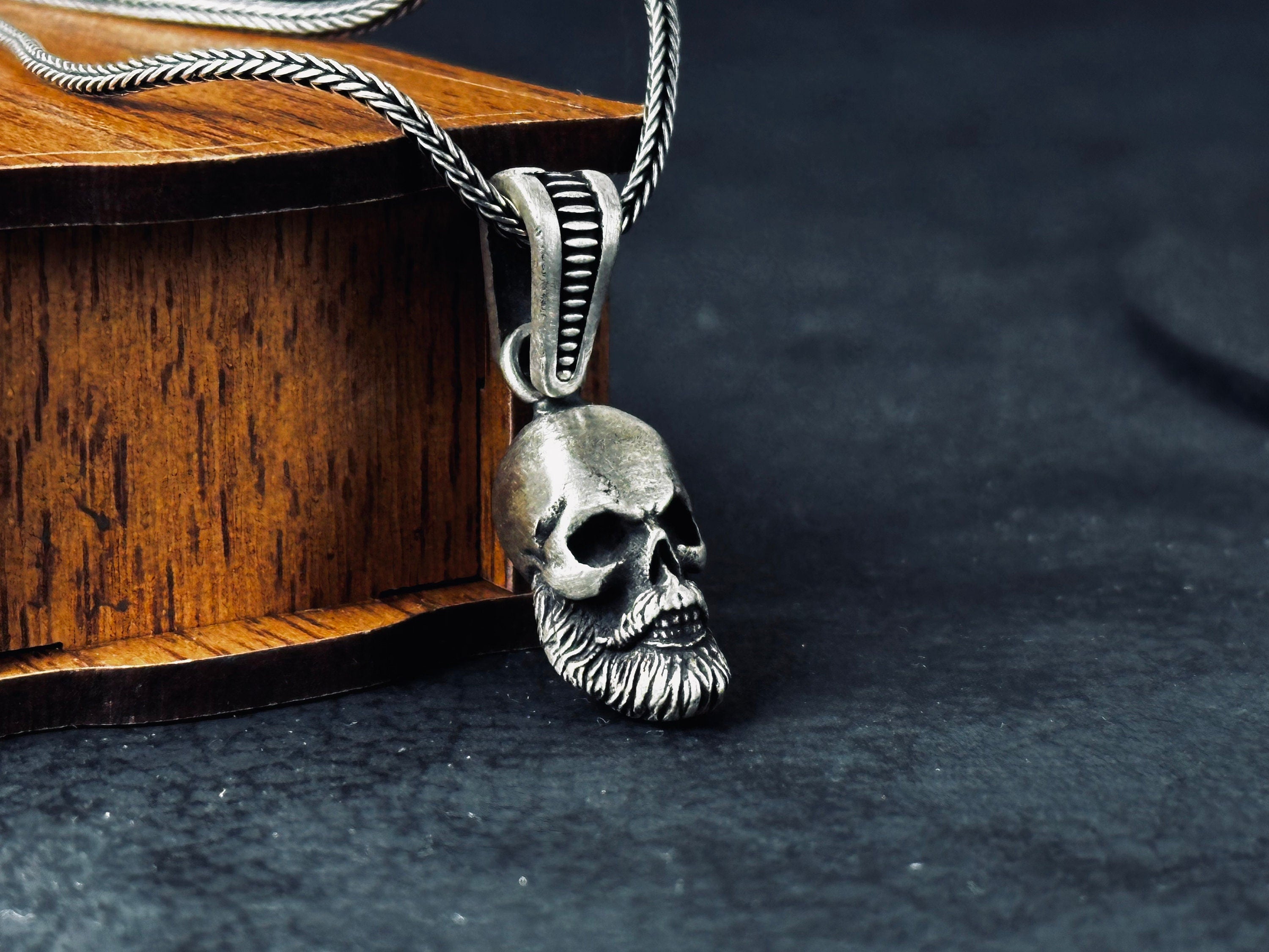 Pendant Necklace: Silver Skull with Beard - Men's Statement Jewelry