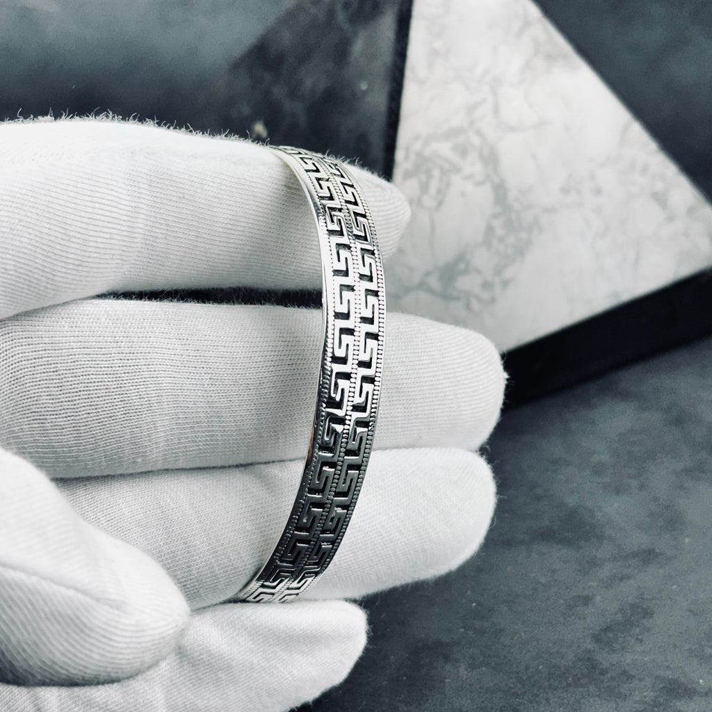 Sterling Silver Greek Key Bracelet - Handmade Unisex Cuff