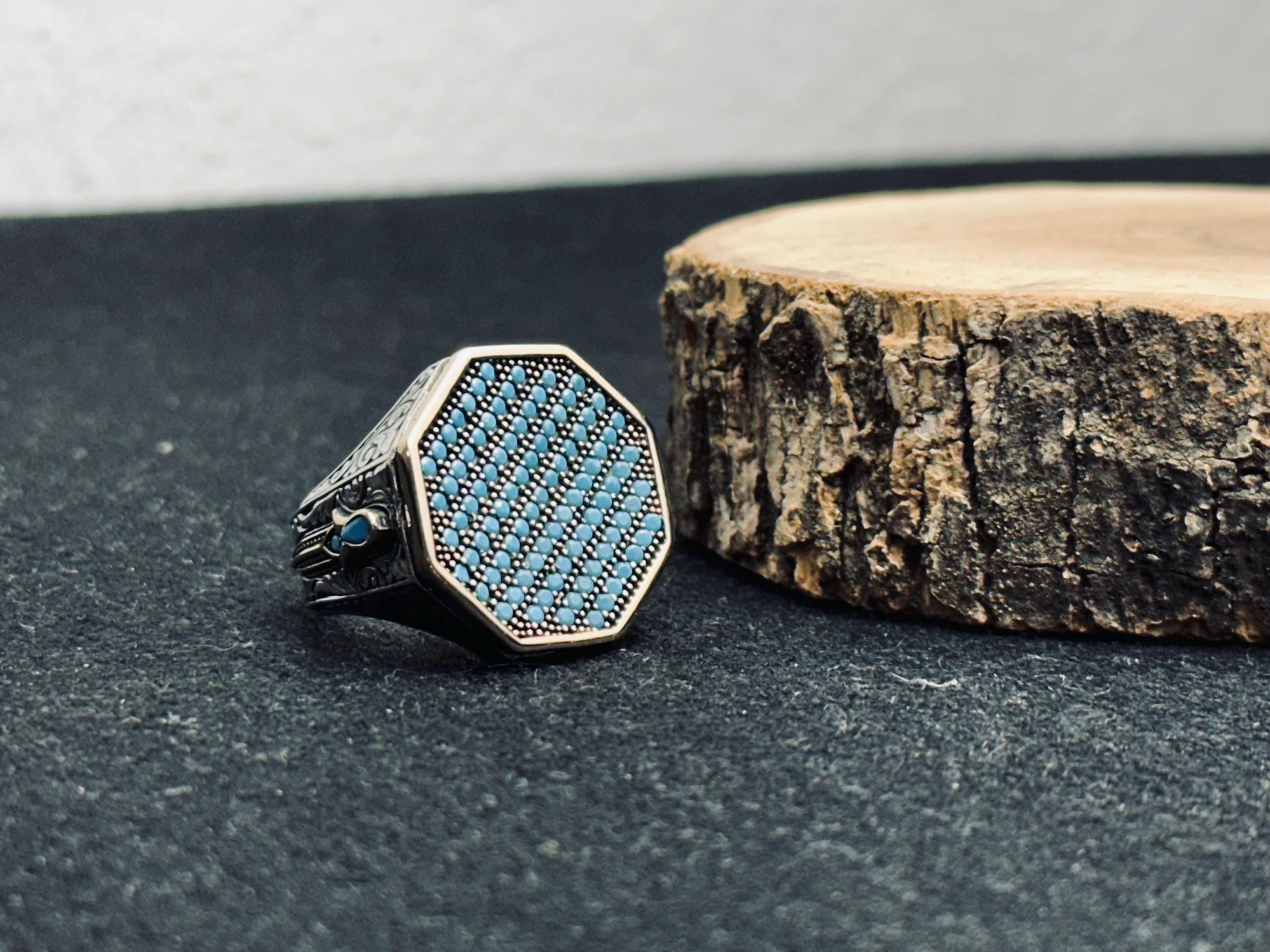 Octagon Turquoise Ring: Men's Geometric Style (Sterling Silver)