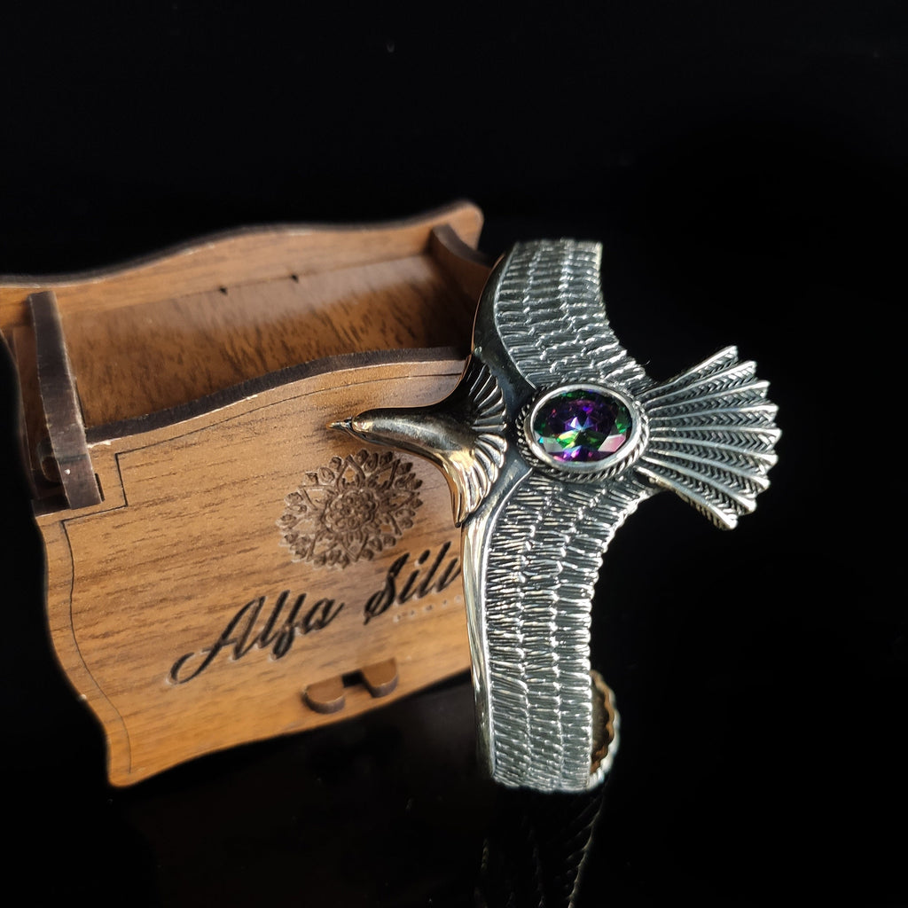 Sterling Silver Eagle Cuff Bracelet, Mystic Topaz Stone (Handmade)