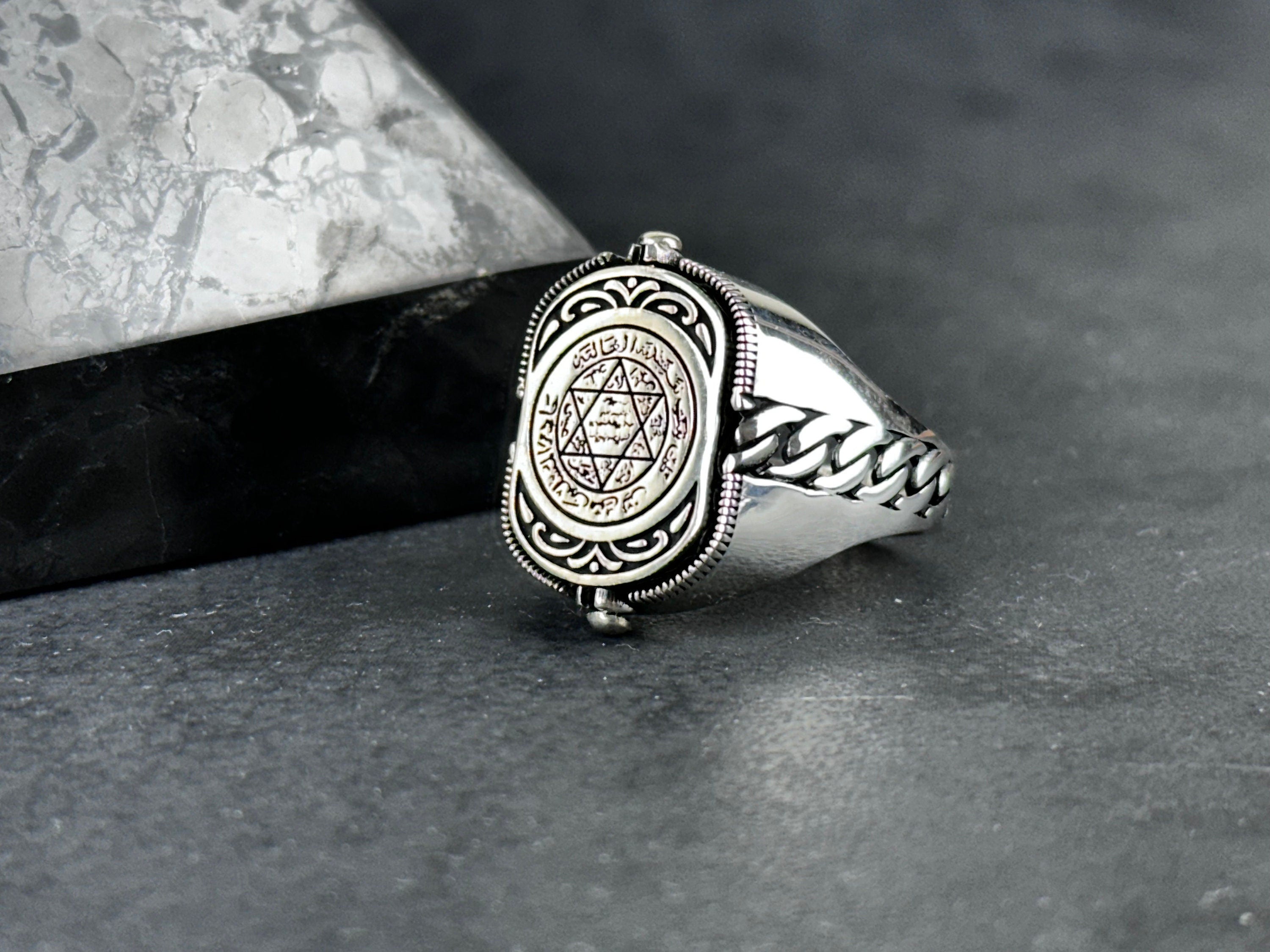 Sterling Silver Seal of Solomon Ring, Double Sided Zircon (Men's Size)