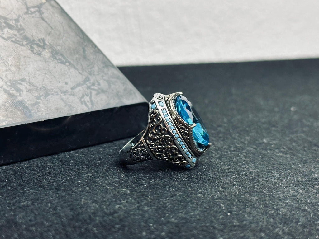 Oval Aquamarine Ring for Men - Bold Vintage Sterling Silver
