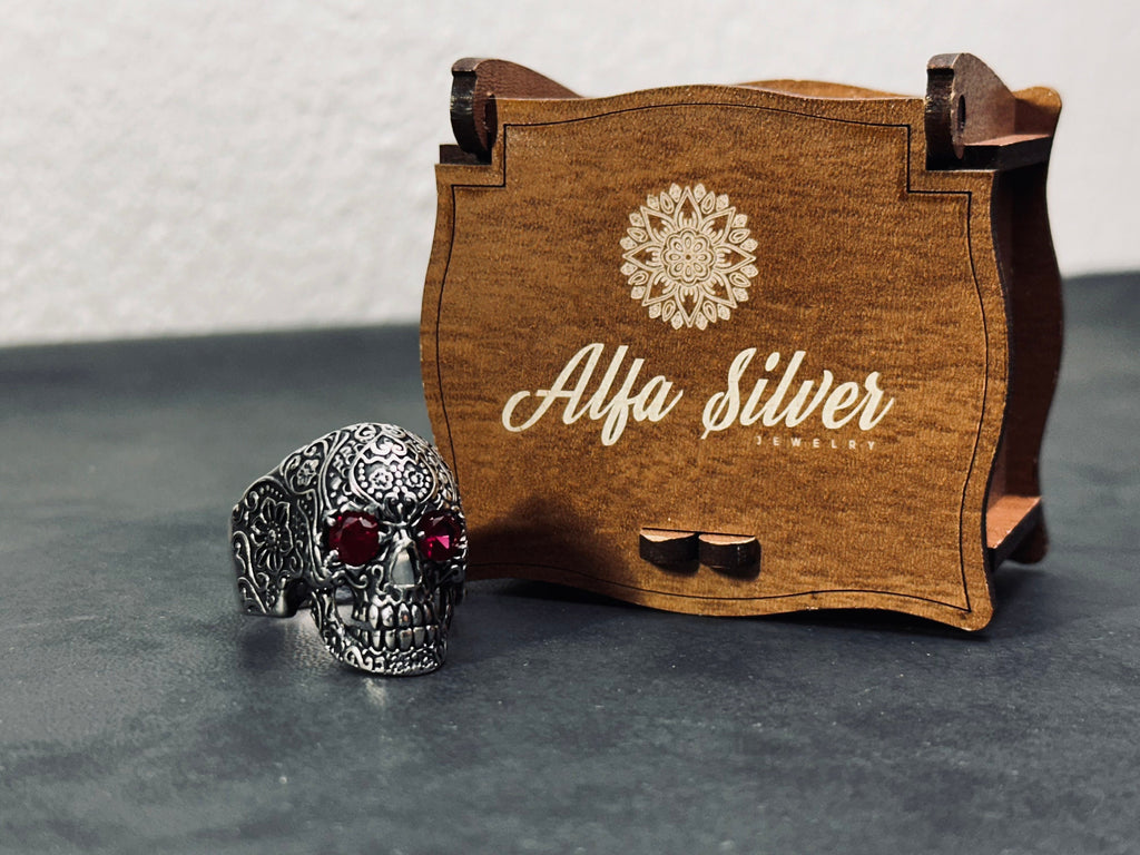 Engraved Skull Sterling Silver Ring - Biker Style with Cubic Zircon