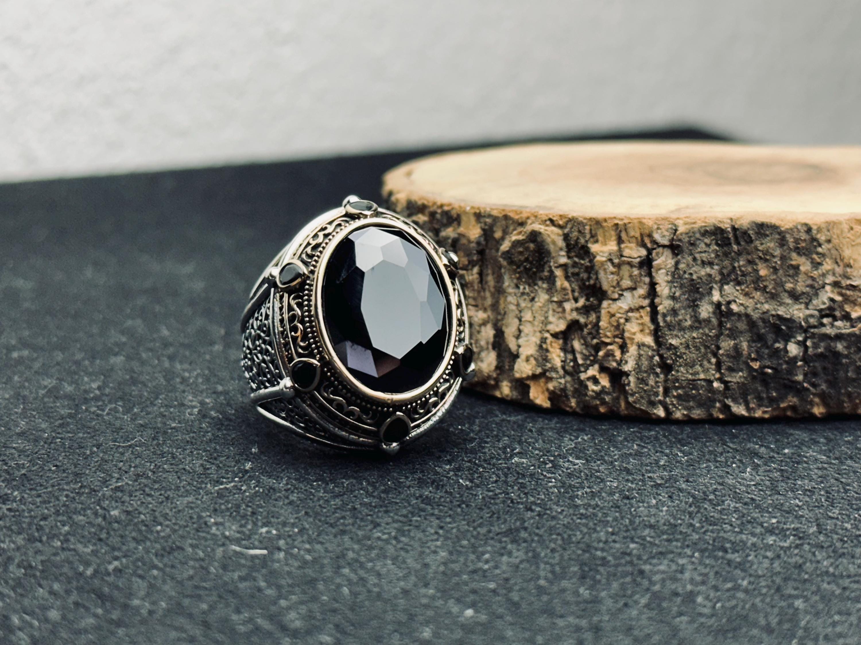 Turkish Sterling Silver Ring, Black CZ Stone, Bold Design (Men’s Size)