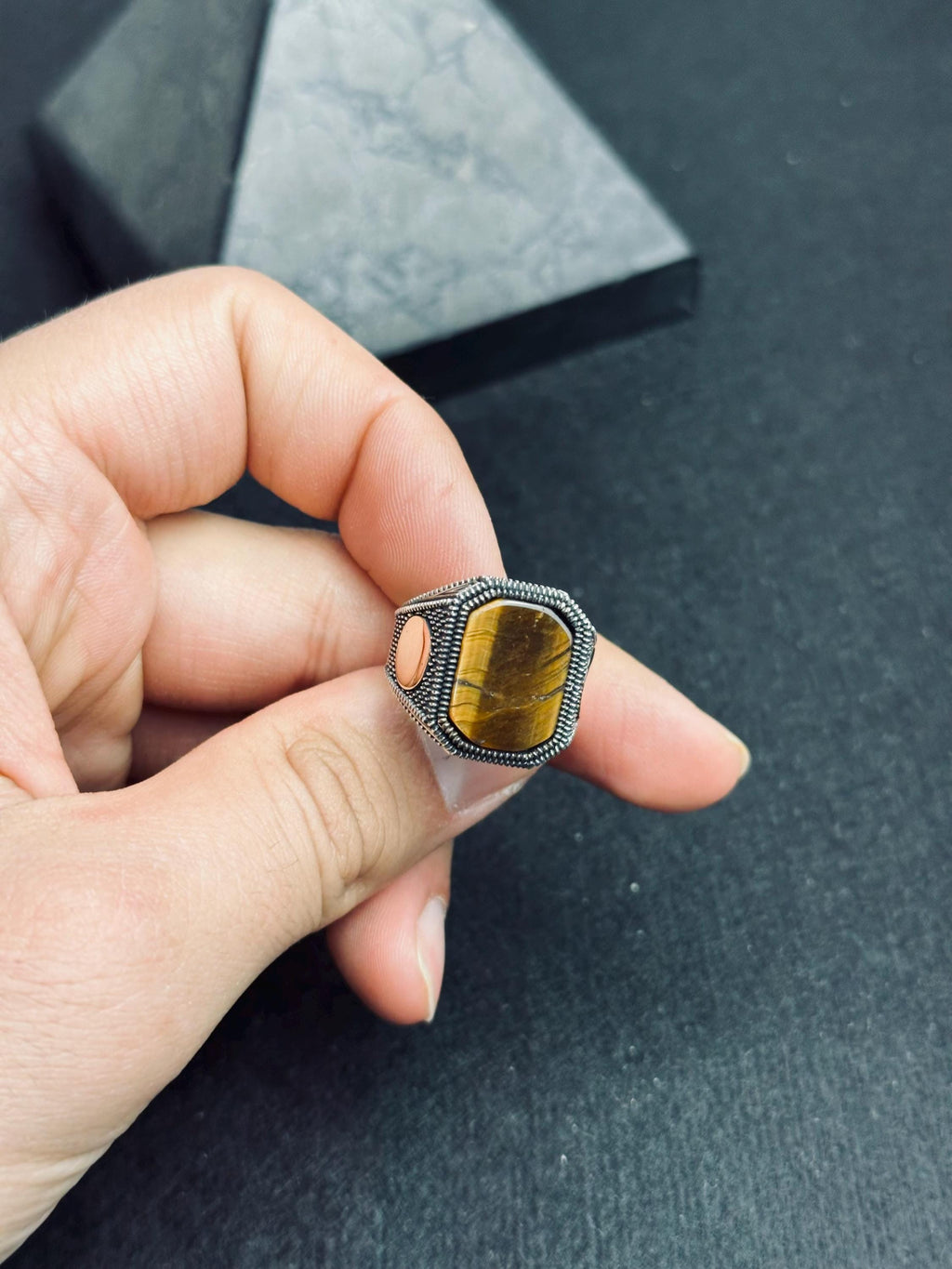 Men's Tiger's Eye Ring, Sterling Silver Square (Handmade Vintage Style)