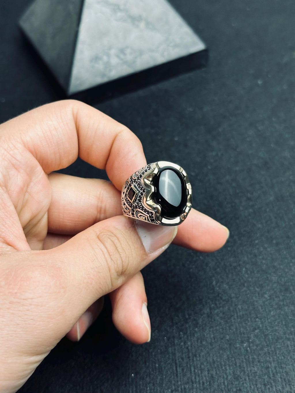 Men's Oxidized Sterling Silver Ring, Black Onyx Gemstone (Handmade)