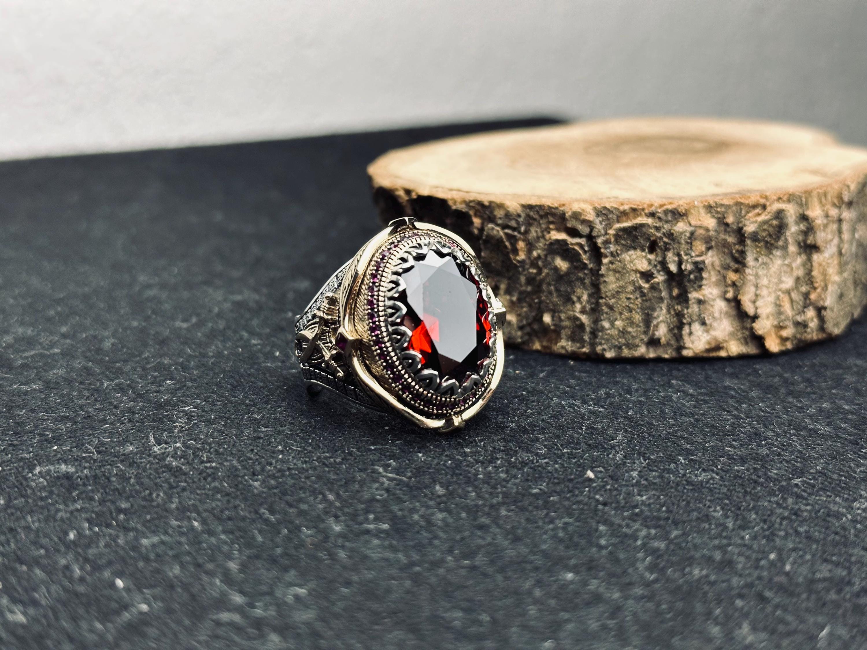 Ottoman Style Ruby Ring - Handmade Turkish Sterling Silver