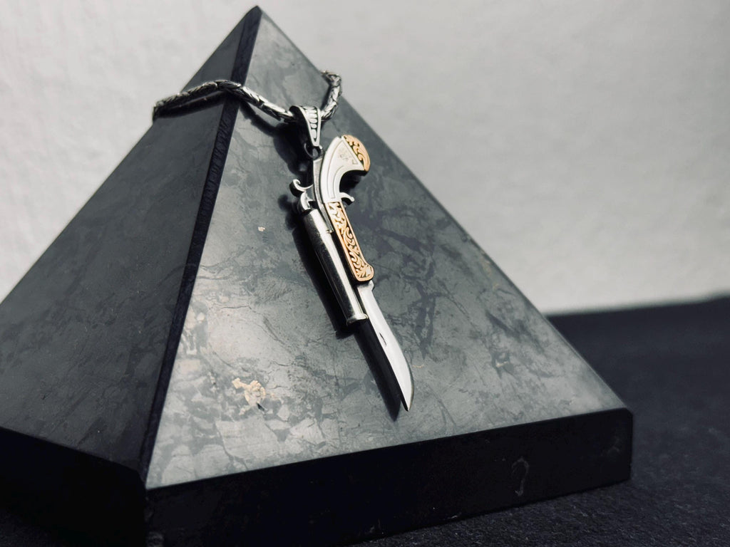 Sterling Silver Revolver Necklace - Cowboy Pistol with Folding Knife Charm