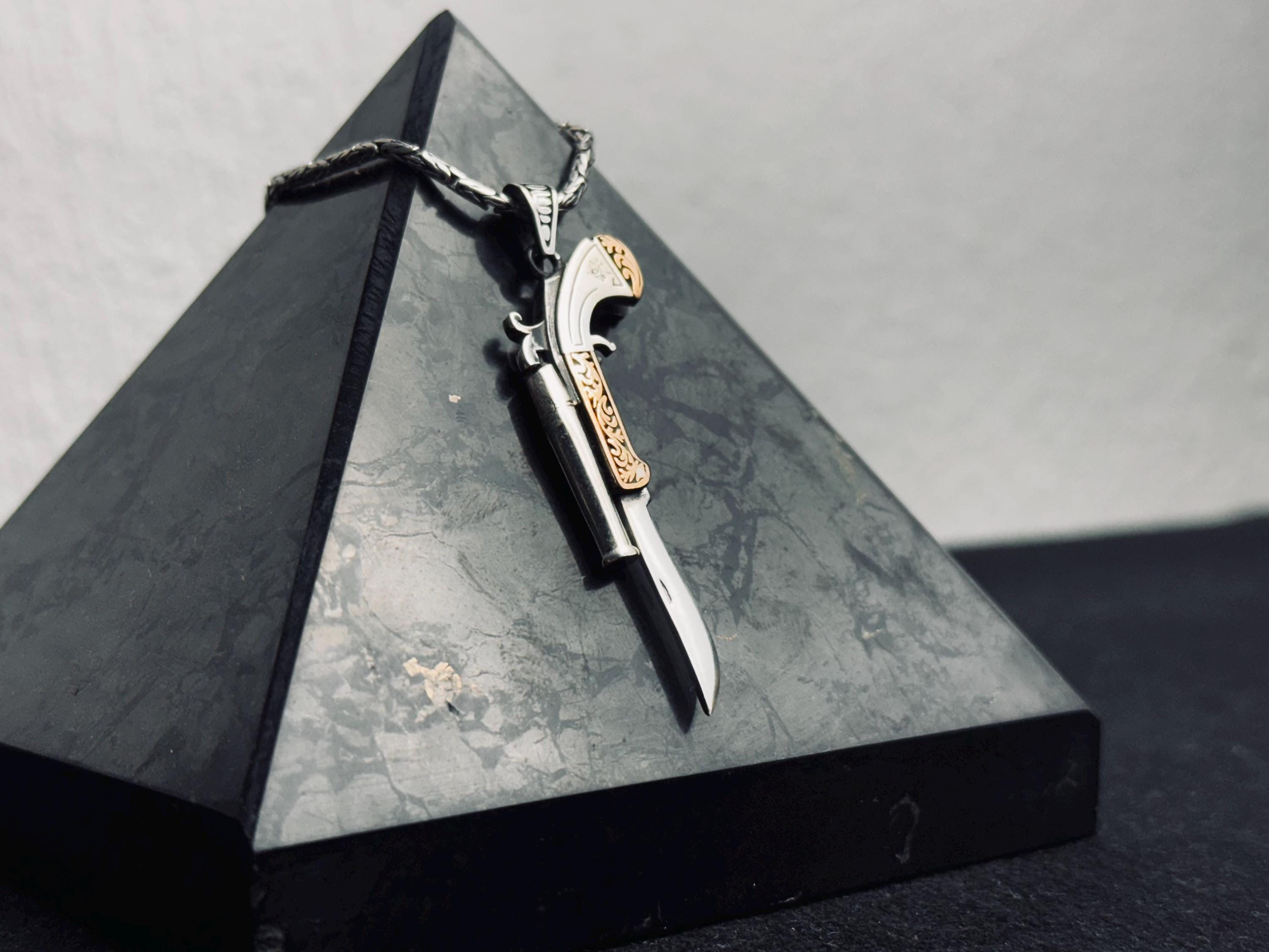 Sterling Silver Revolver Necklace - Cowboy Pistol with Folding Knife Charm