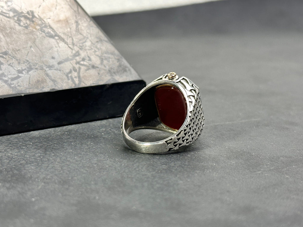 Double Sided Solomon Signet Ring: Red Agate, Sterling Silver