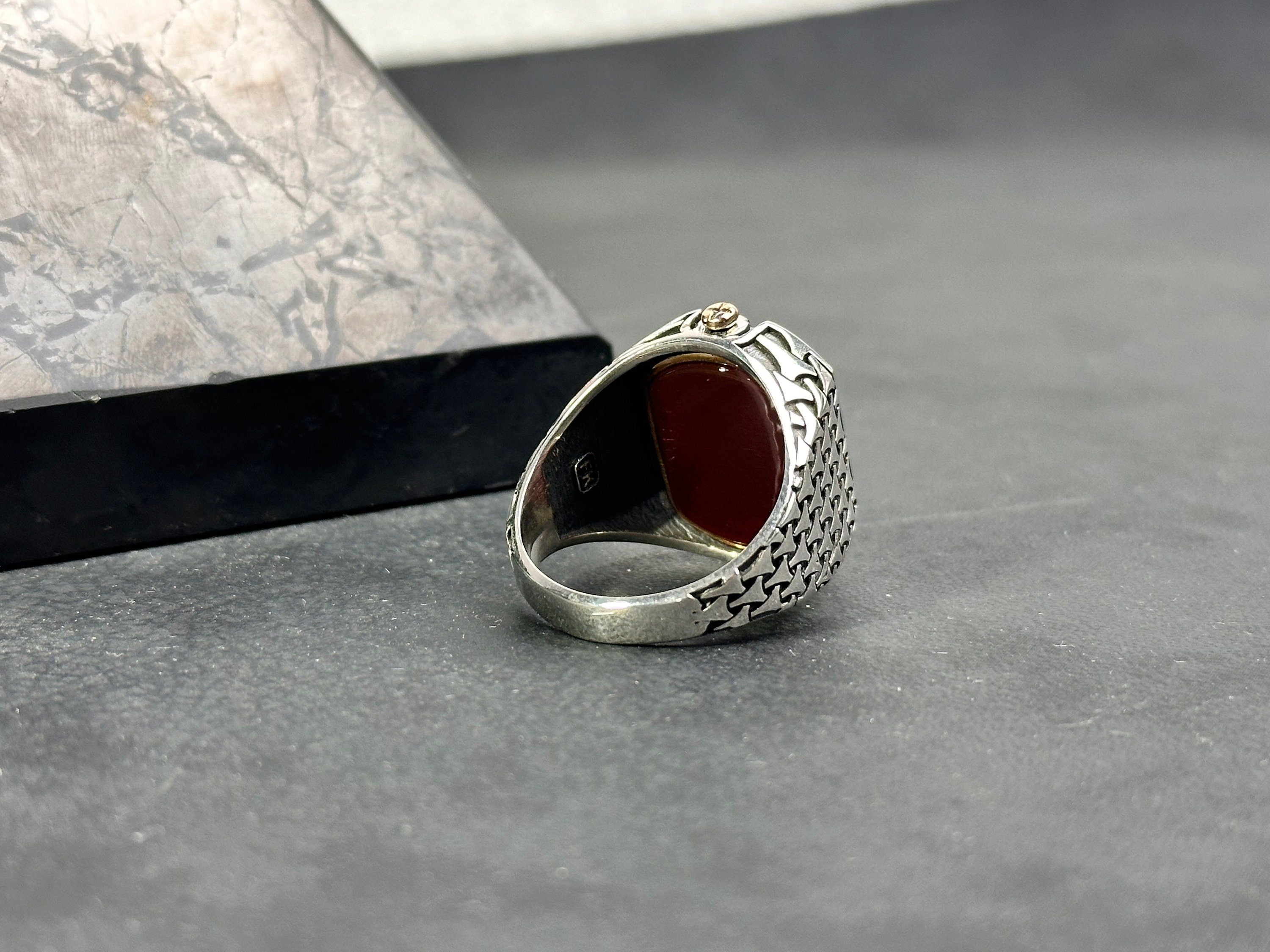 Double Sided Solomon Signet Ring: Red Agate, Sterling Silver