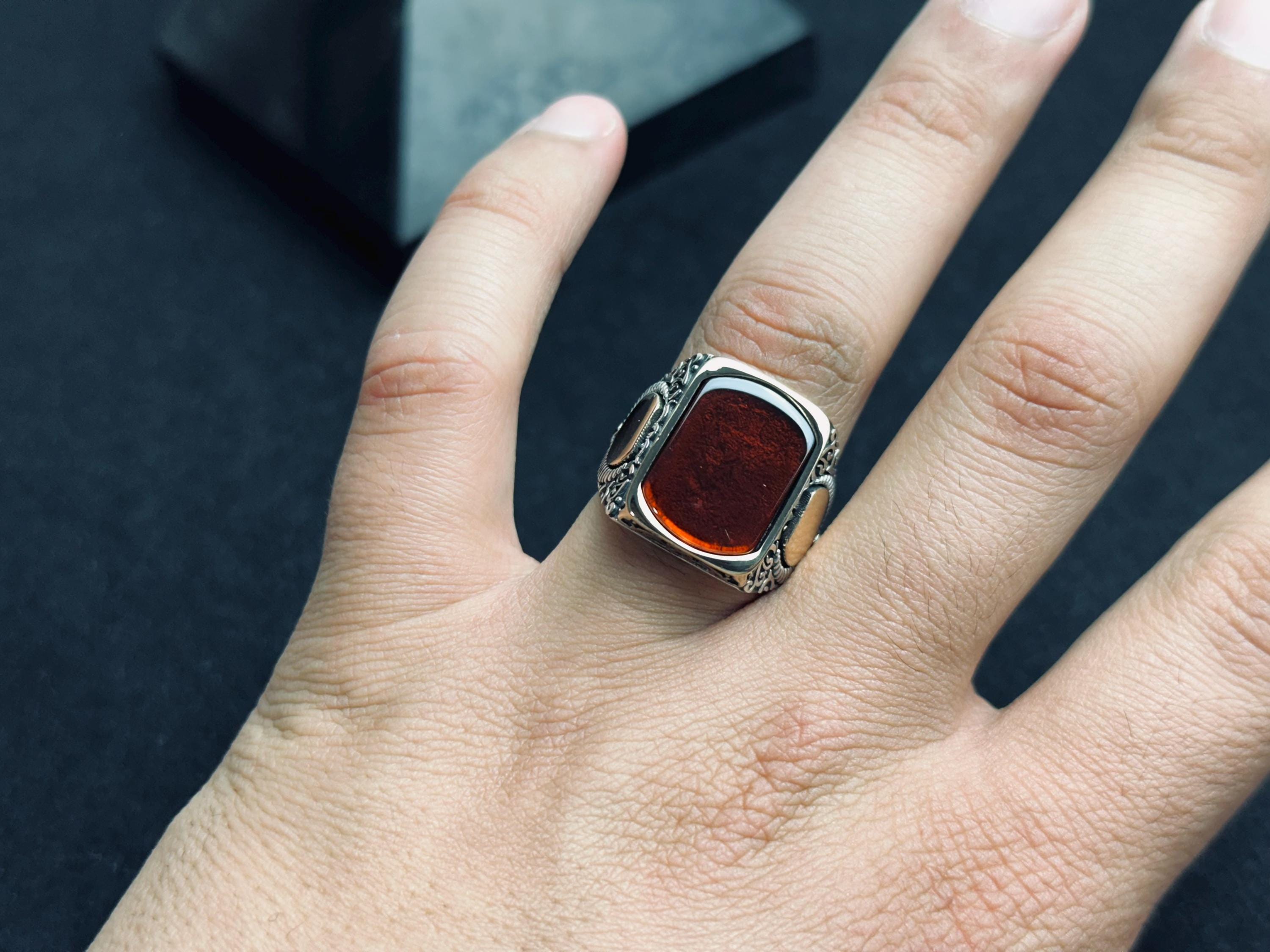 Sterling Silver Men's Amber Ring - Handmade Turkish Baltic Stone