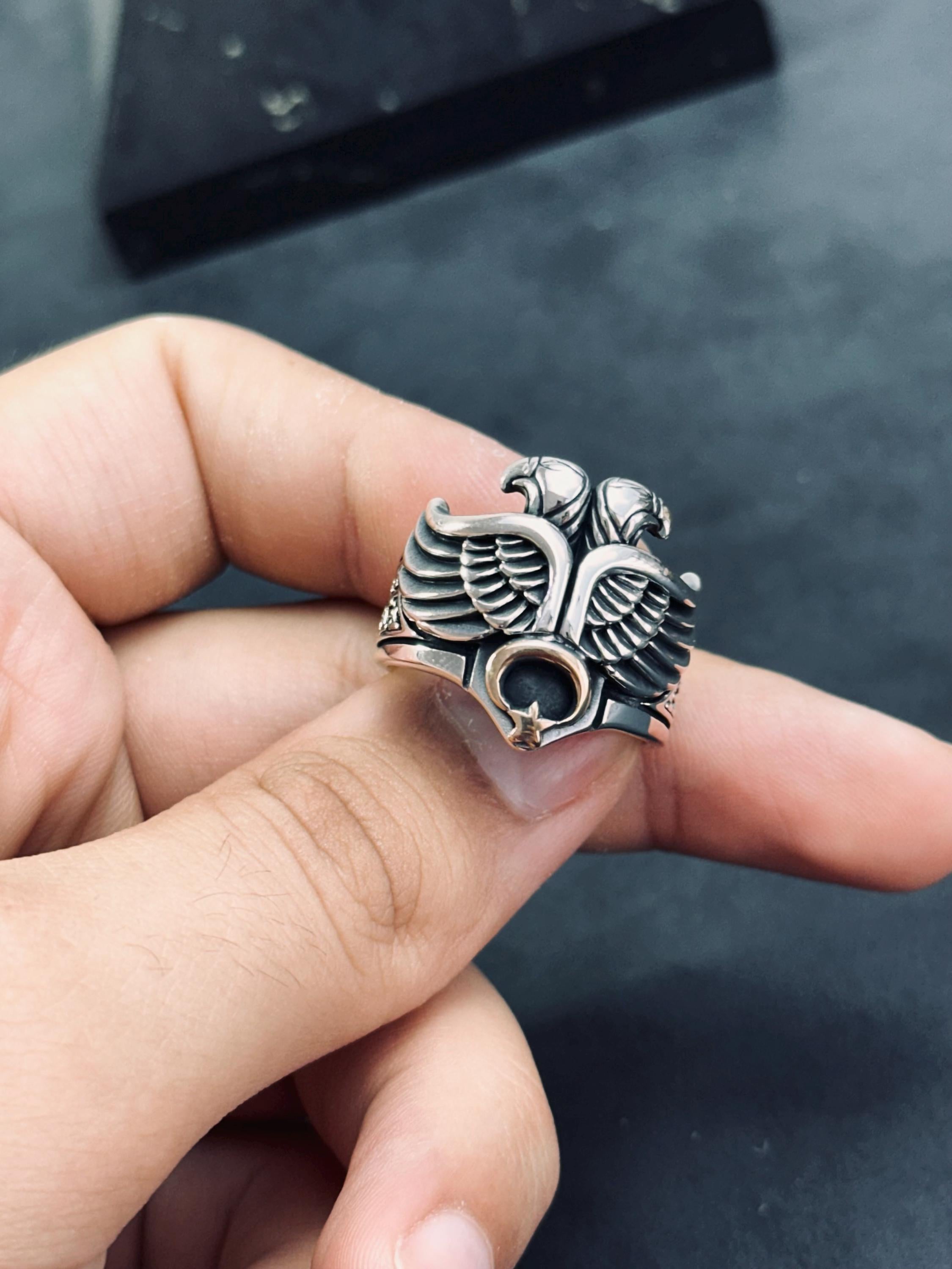 Sterling Silver Eagle Ring: Double-Headed Design - Bold Statement