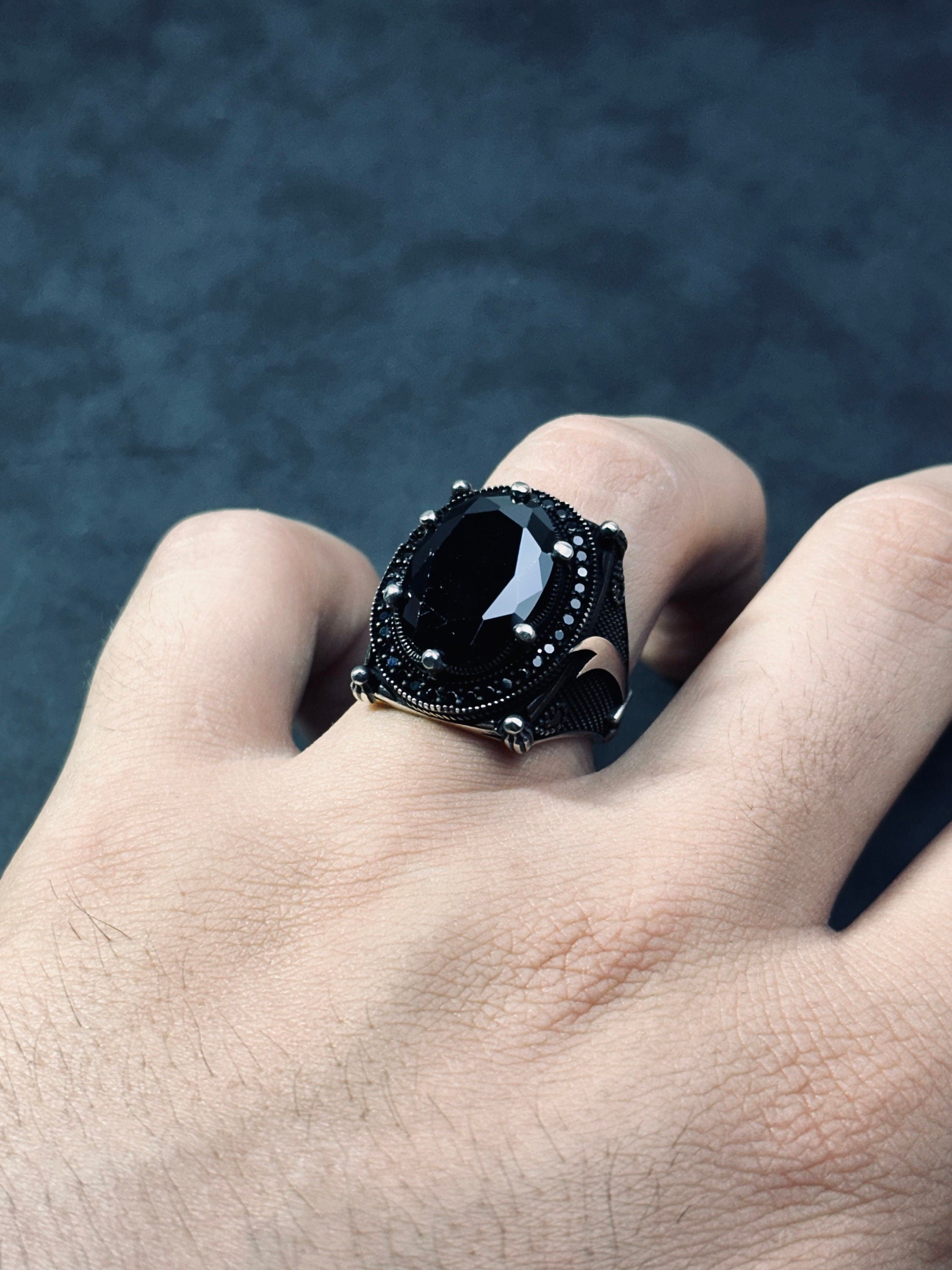 Hazrat Ali Sword Ring, Black Zircon, Sterling Silver (Men's Size)