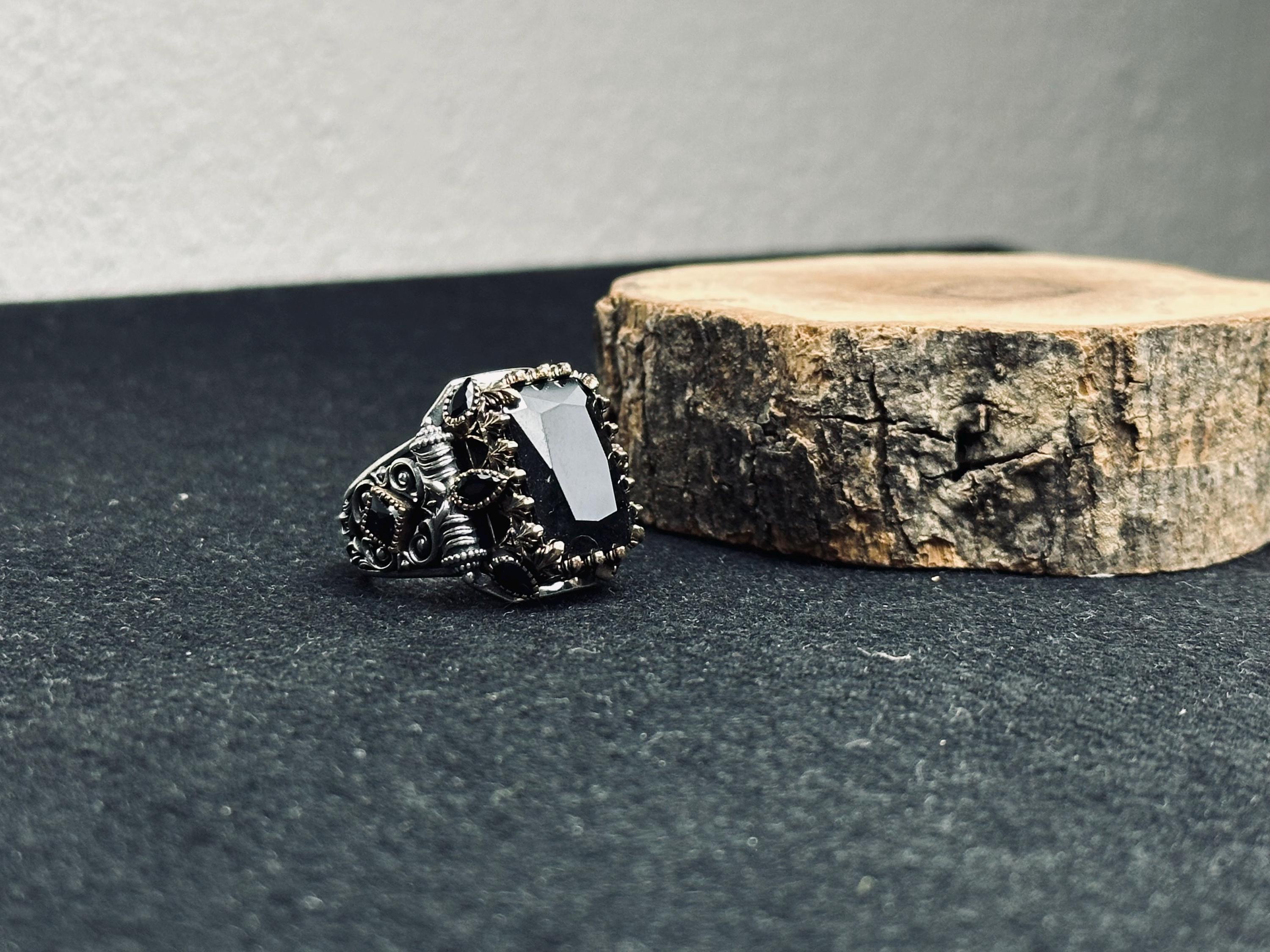 Men's Statement Ring: Black Zircon Square - 925 Sterling Silver