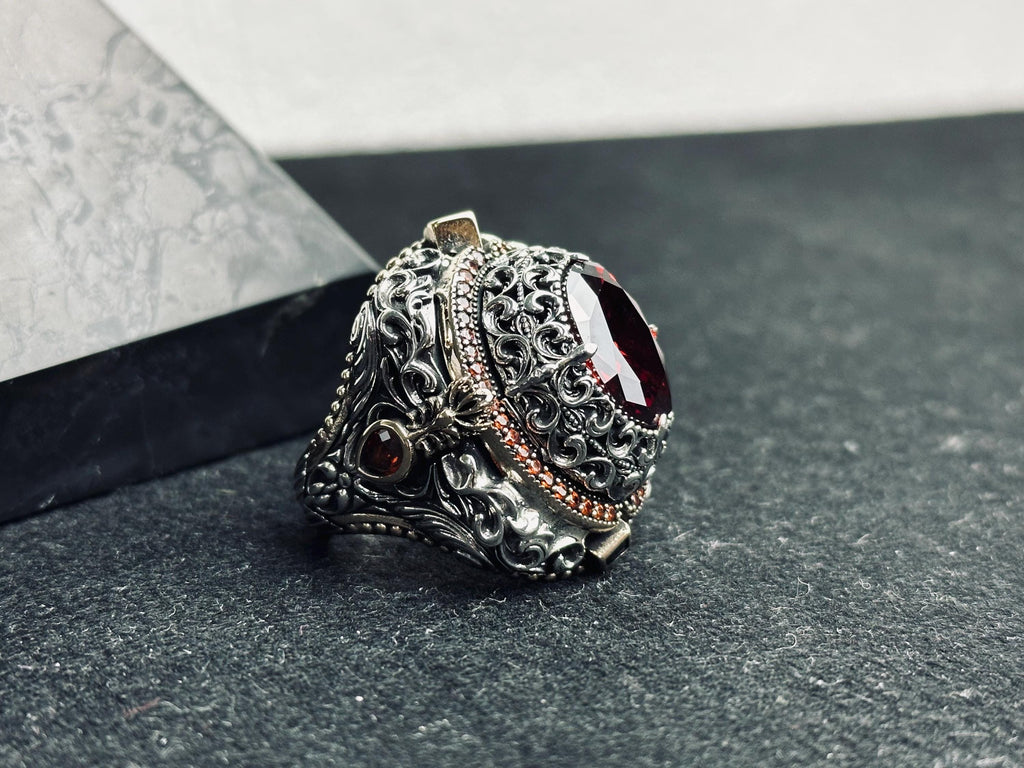 Ruby Ring, 925 Sterling Silver Victorian Filigree Statement Ring