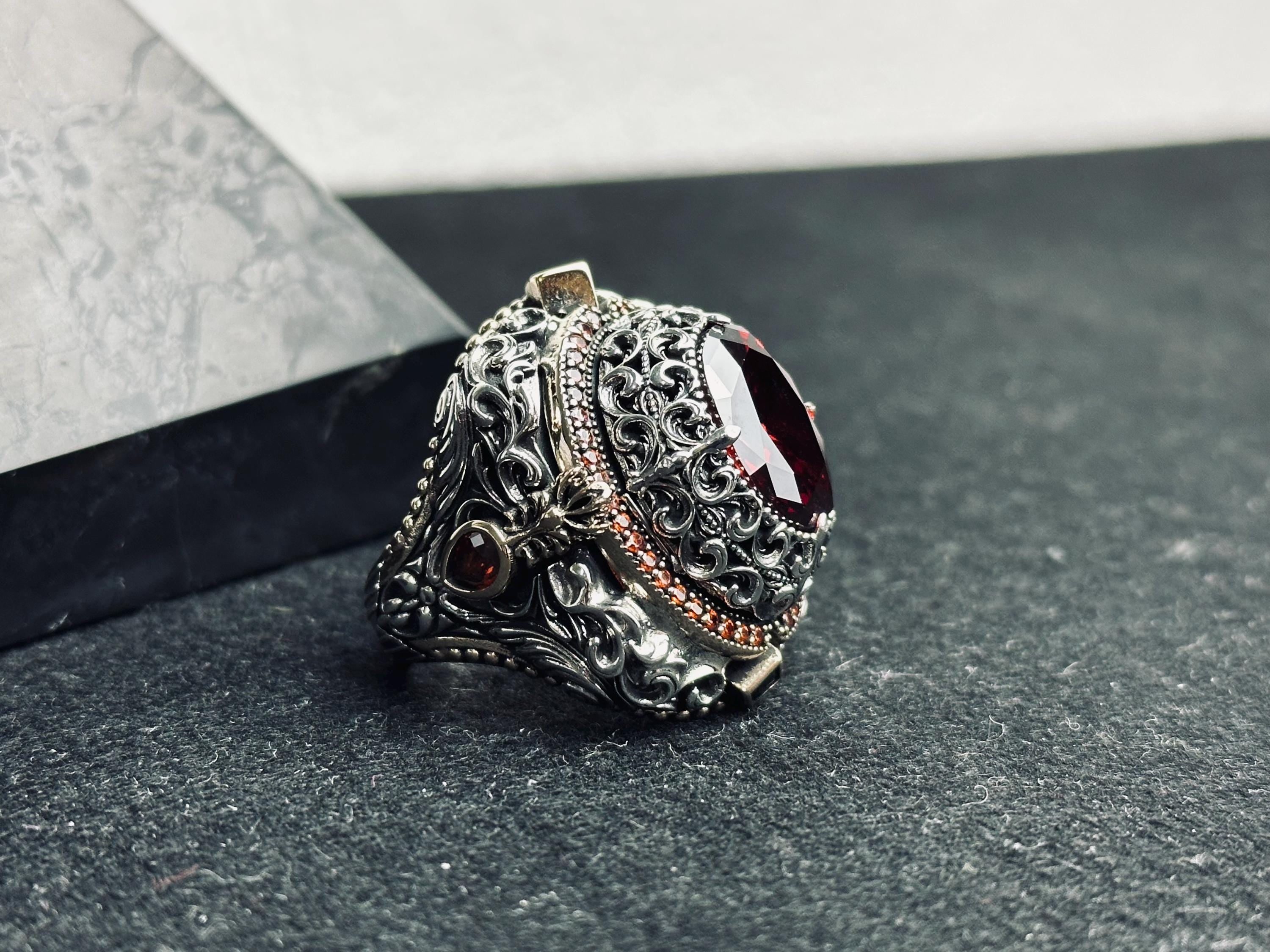Ruby Ring, 925 Sterling Silver Victorian Filigree Statement Ring