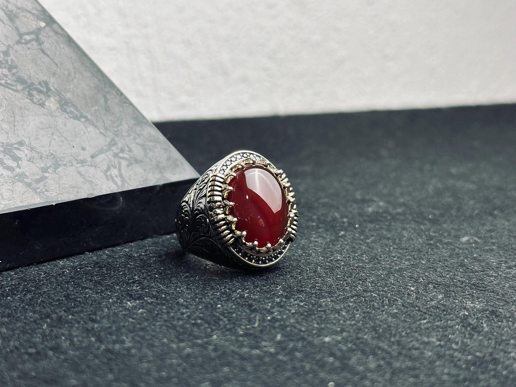 Red Aqeeq Ring for Men: Oval Agate Stone, Sterling Silver