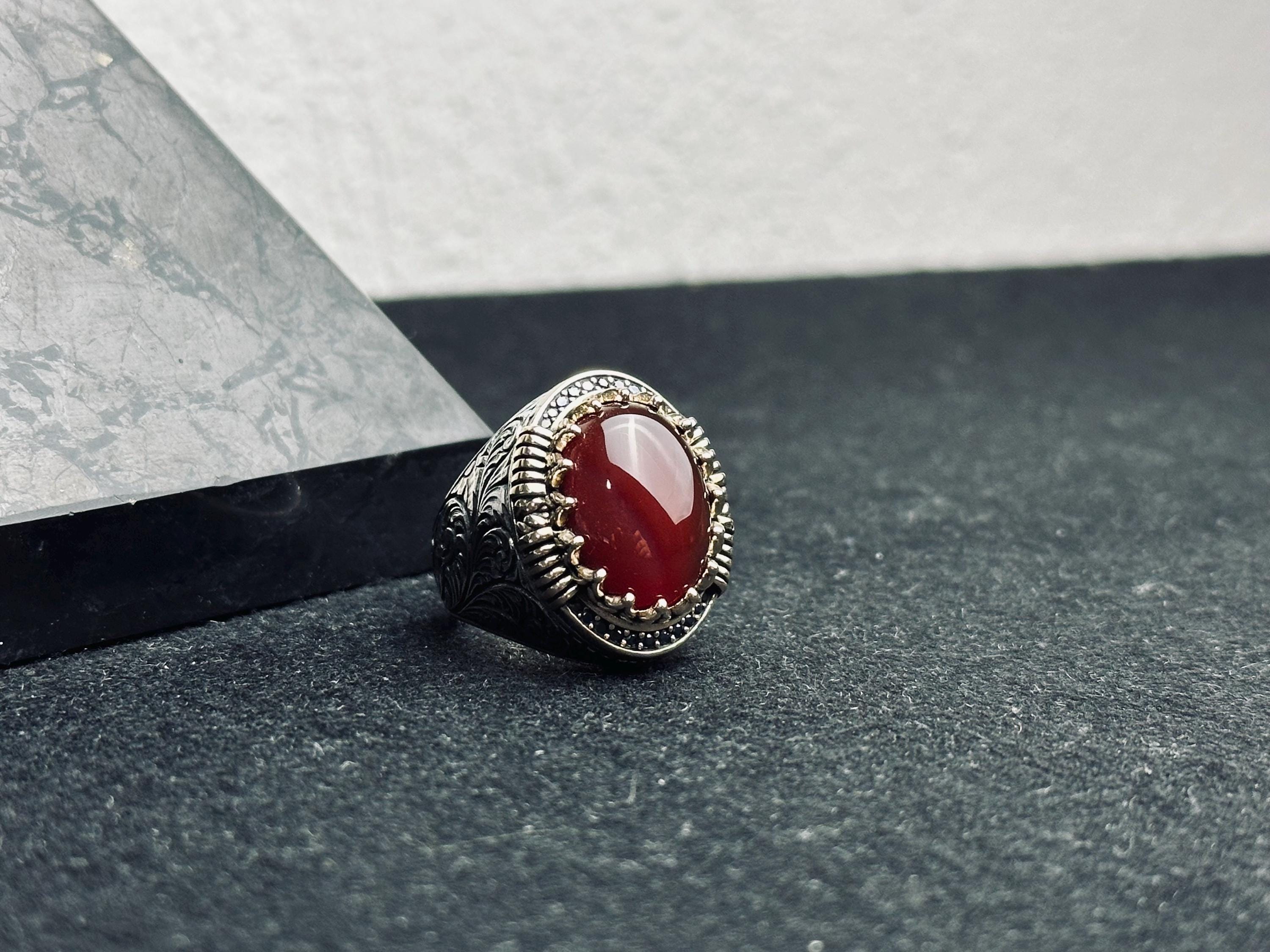 Red Aqeeq Ring for Men: Oval Agate Stone, Sterling Silver
