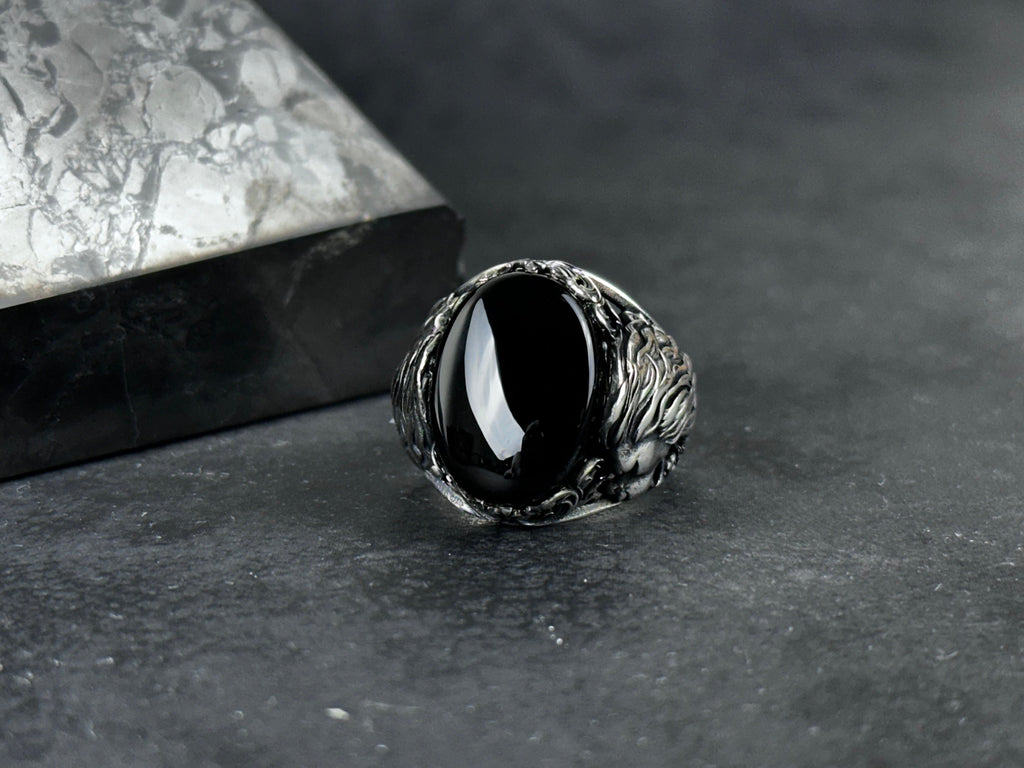 Silver Onyx Lion Ring - Handmade Sterling Statement Jewelry