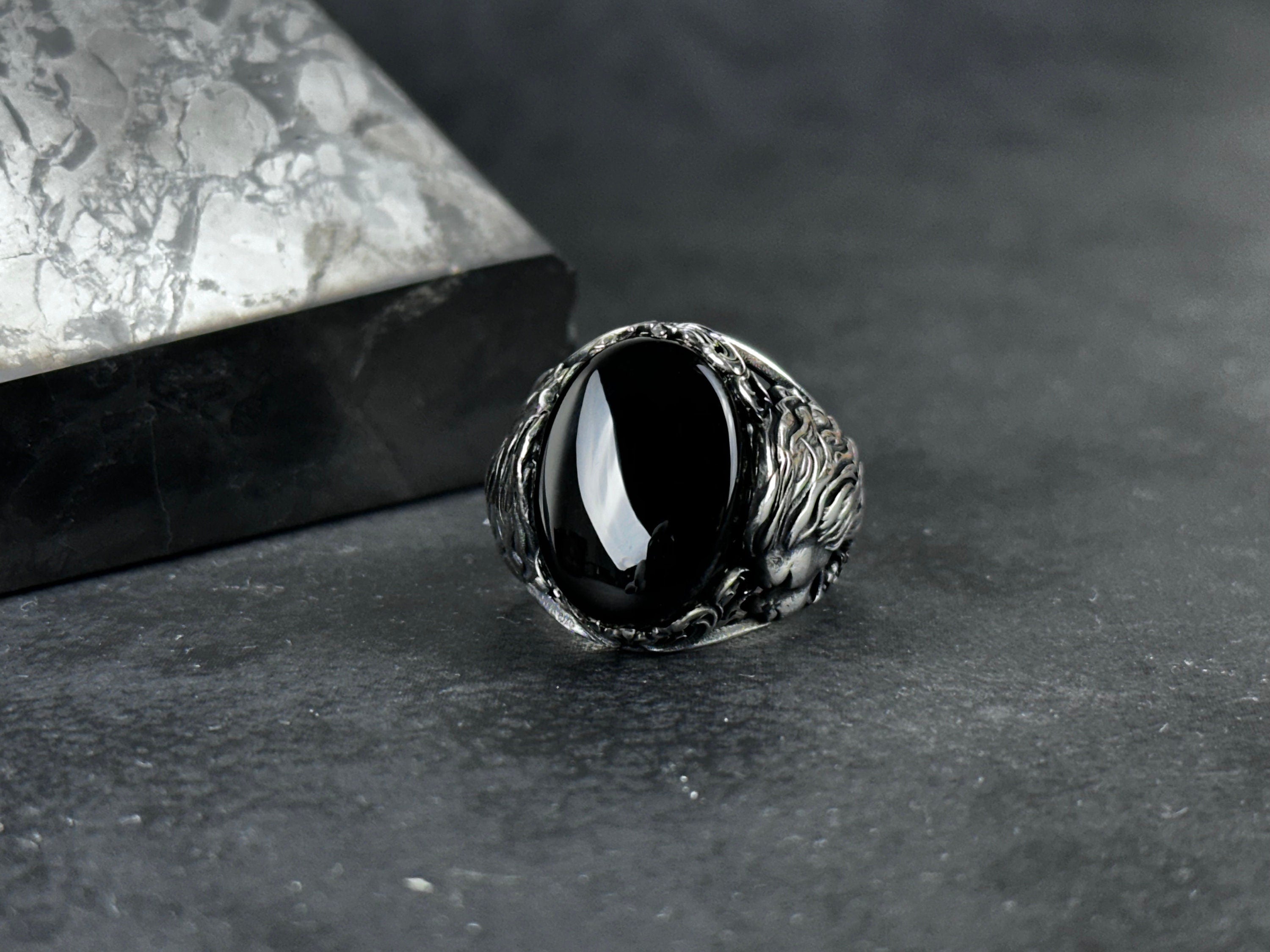 Silver Onyx Lion Ring - Handmade Sterling Statement Jewelry
