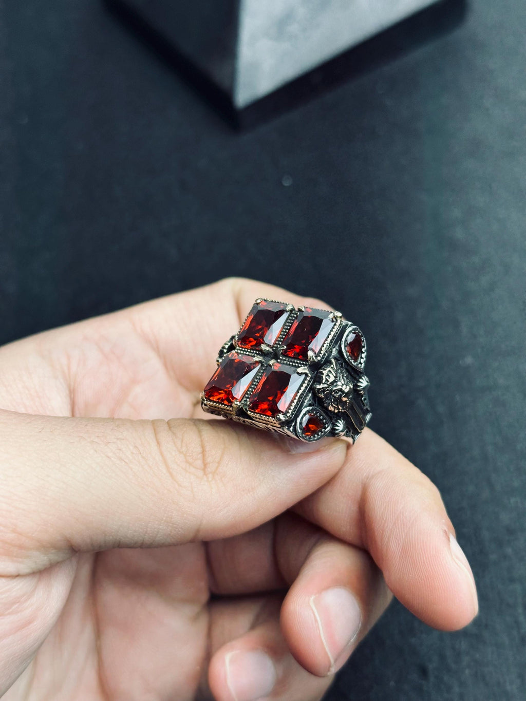 Men’s Ruby Ring, Sterling Silver, Bold Square Red Gemstone (Handmade)