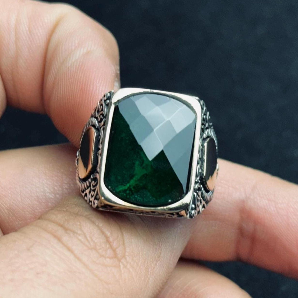 Men’s Emerald Ring: Square Stone, Crescent Star - Sterling Silver
